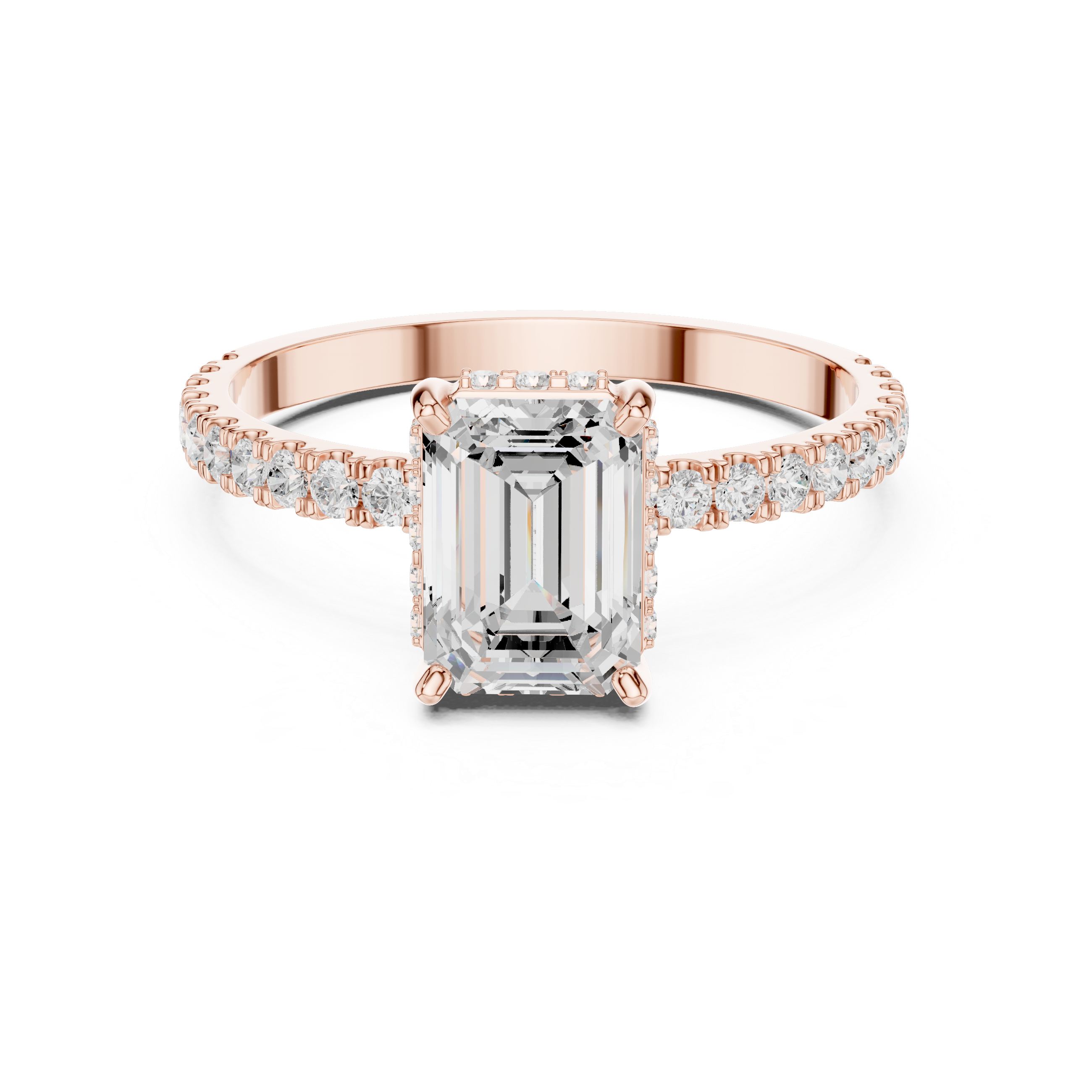 Emerald Cut Diamond Solitaire Ring with Hidden Halo and Pavé Band