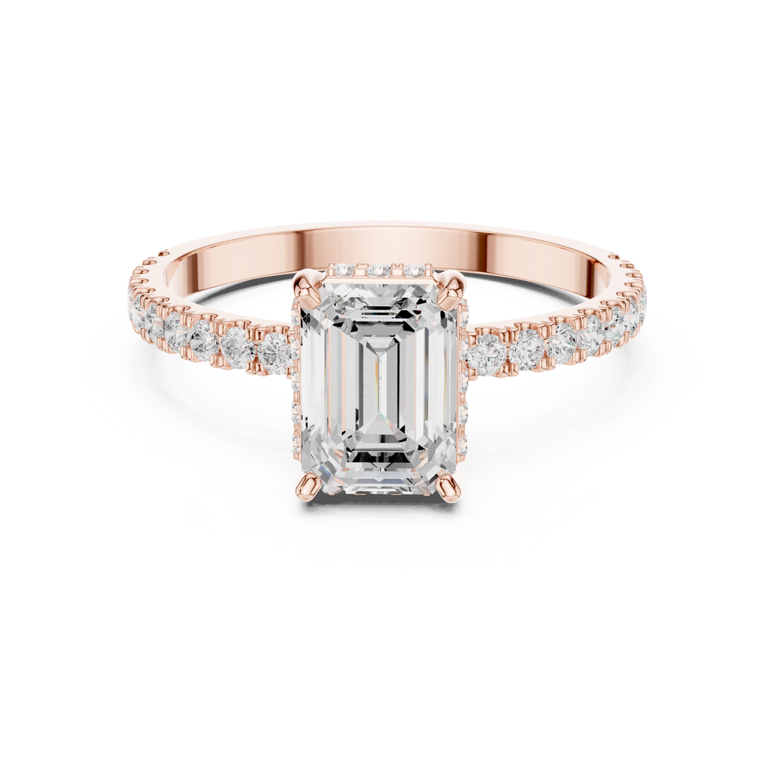 Emerald Cut Diamond Solitaire Ring with Hidden Halo and Pavé Band