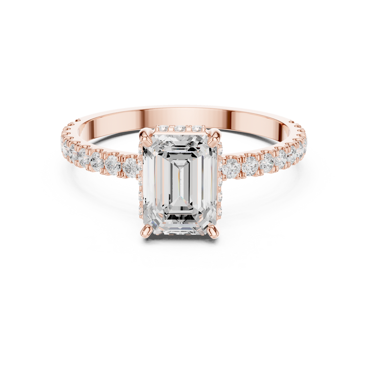 Emerald Cut Diamond Solitaire Ring with Hidden Halo and Pavé Band