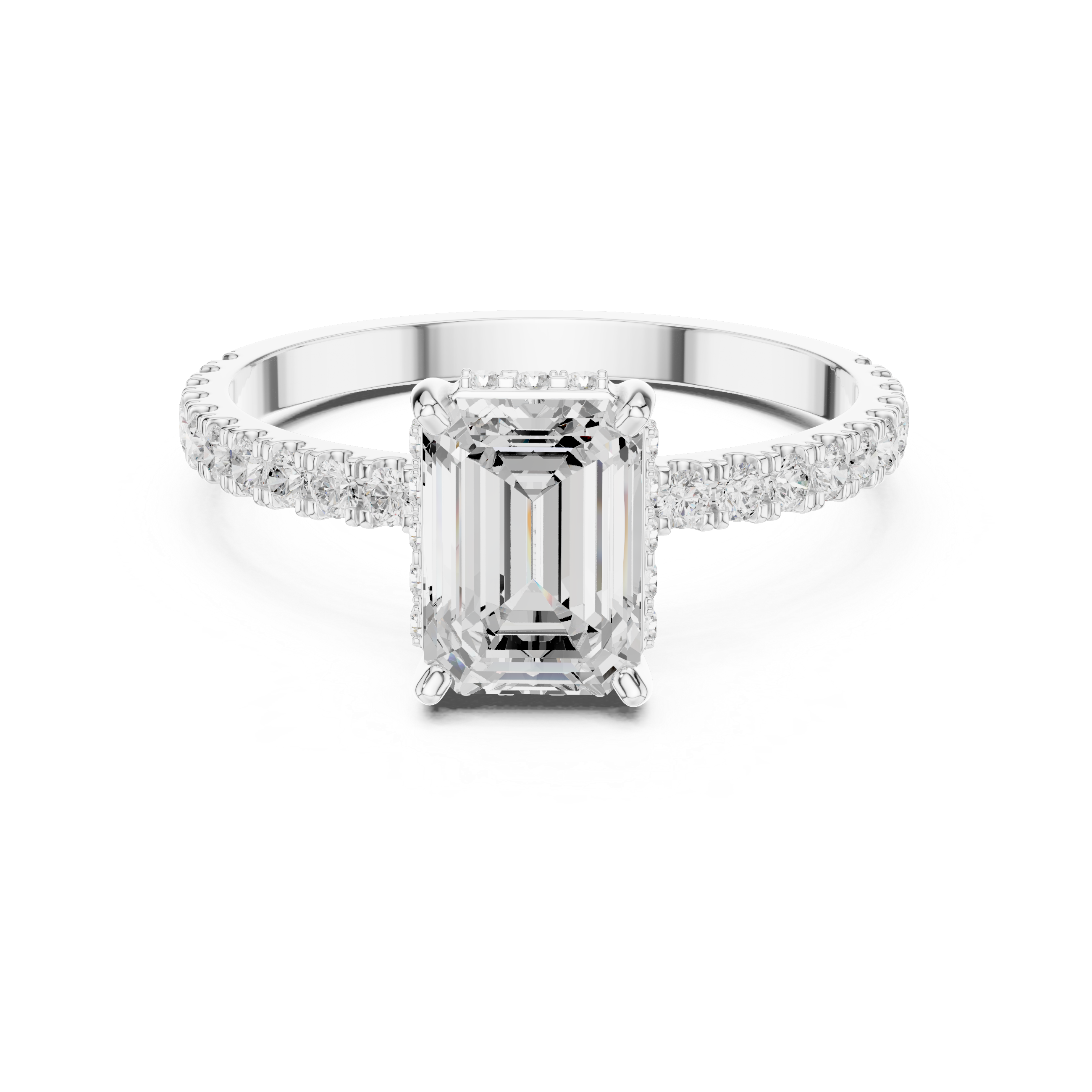 Emerald Cut Diamond Solitaire Ring with Hidden Halo and Pavé Band