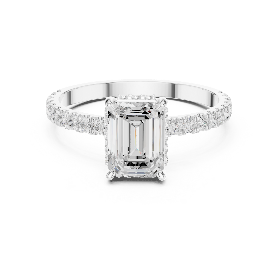 Emerald Cut Diamond Solitaire Ring with Hidden Halo and Pavé Band