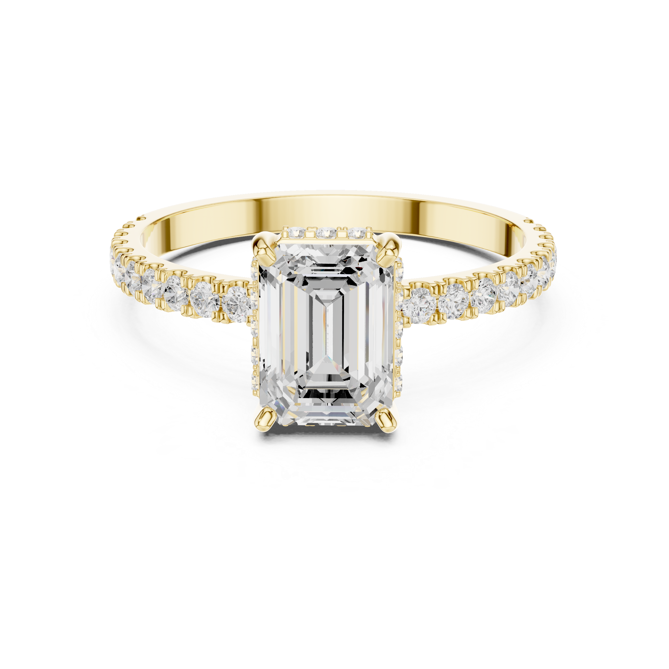 Emerald Cut Diamond Solitaire Ring with Hidden Halo and Pavé Band