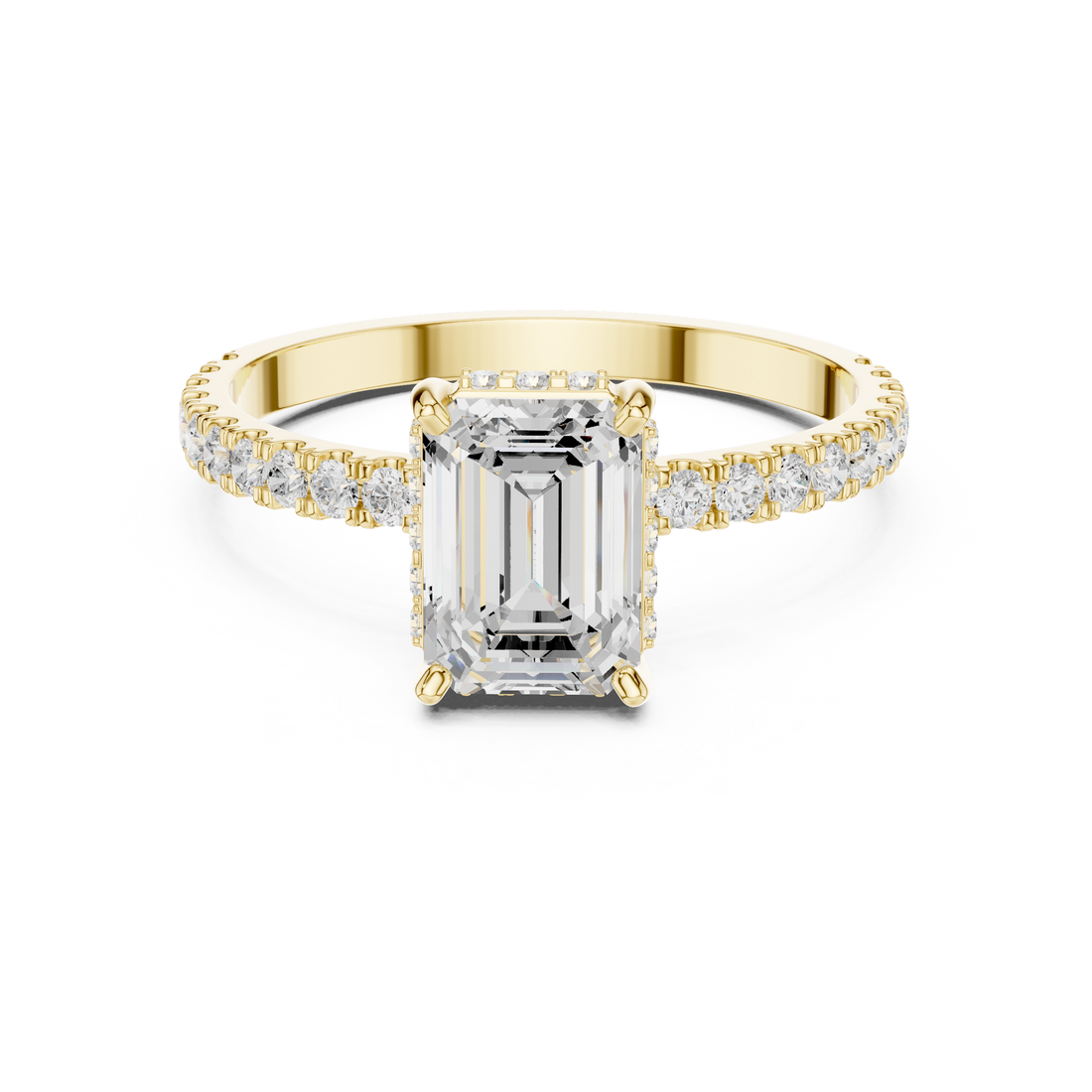 Emerald Cut Diamond Solitaire Ring with Hidden Halo and Pavé Band