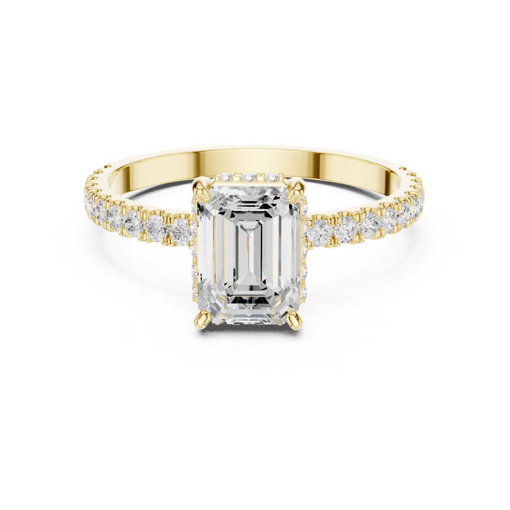 Emerald Cut Diamond Solitaire Ring with Hidden Halo and Pavé Band