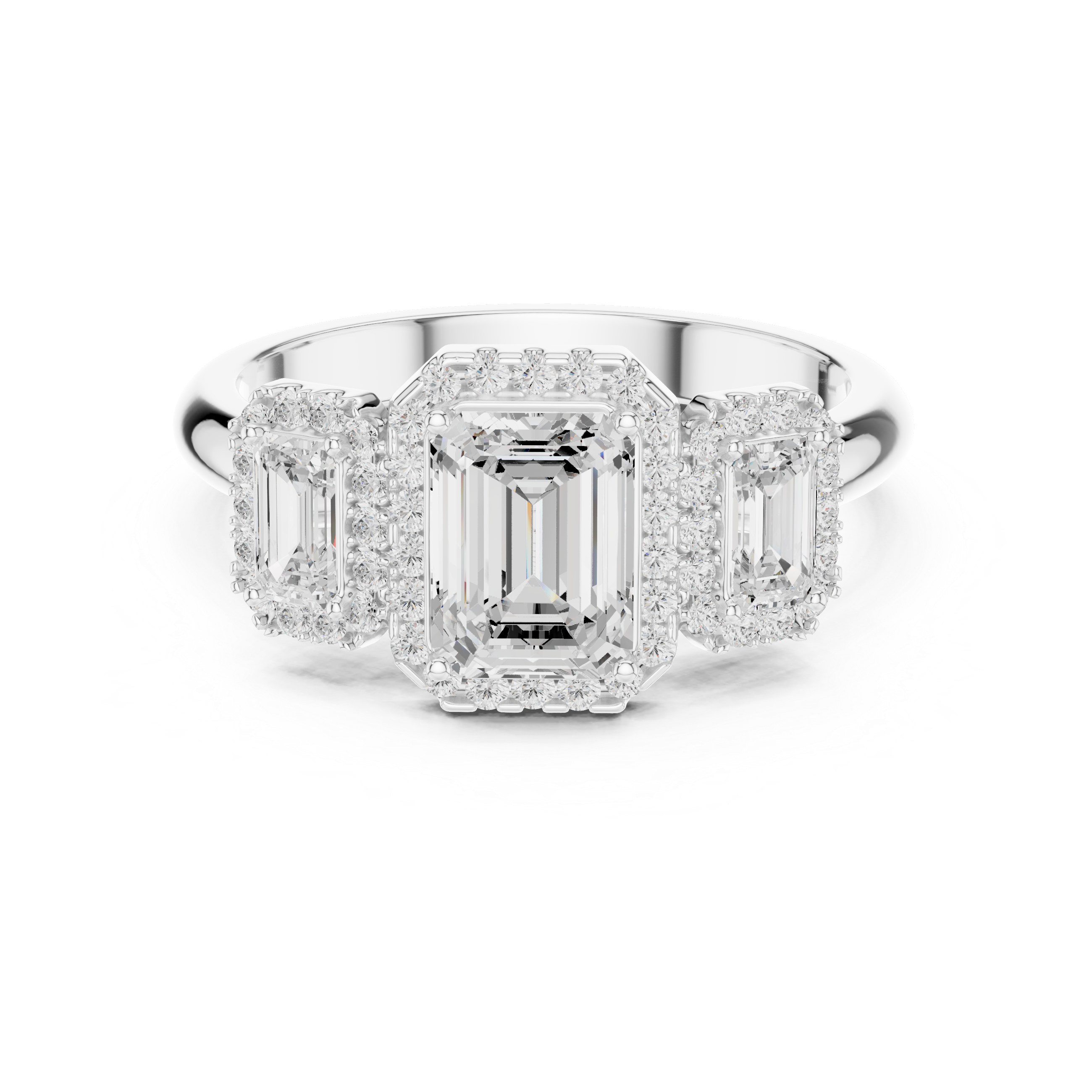 Classic halo cocktail ring featuring large central gemstone.