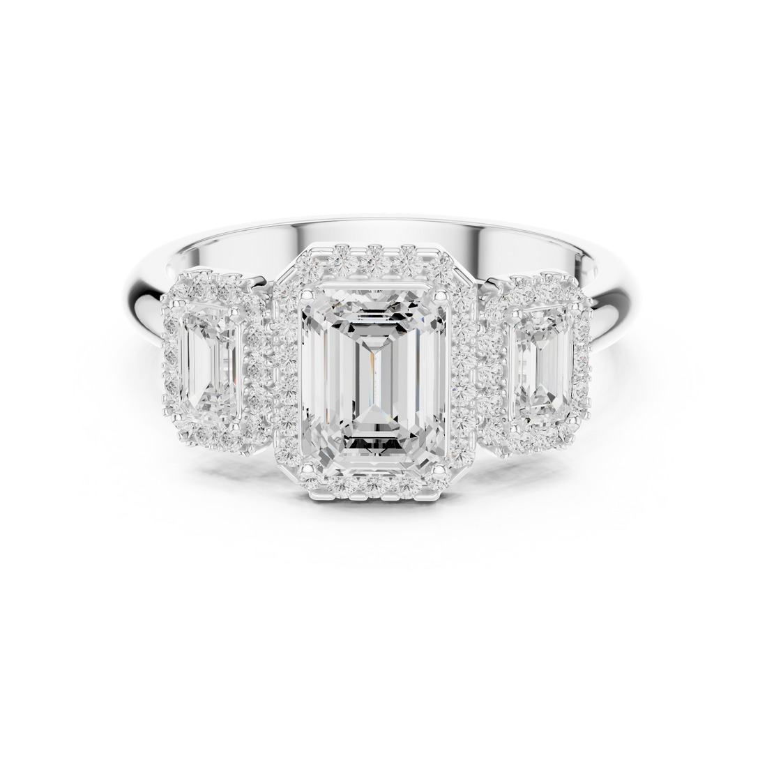 Classic halo cocktail ring featuring large central gemstone.