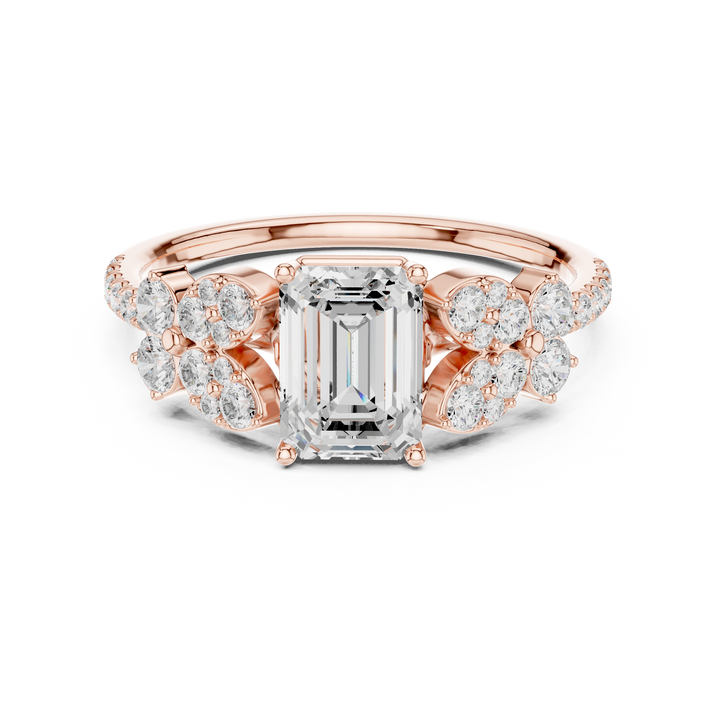 Emerald Cut Diamond Ring with Cluster Side Stones and Pavé Band