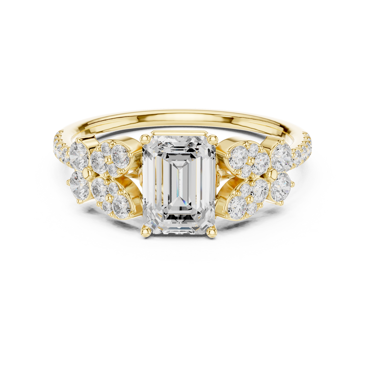 Emerald Cut Diamond Ring with Cluster Side Stones and Pavé Band