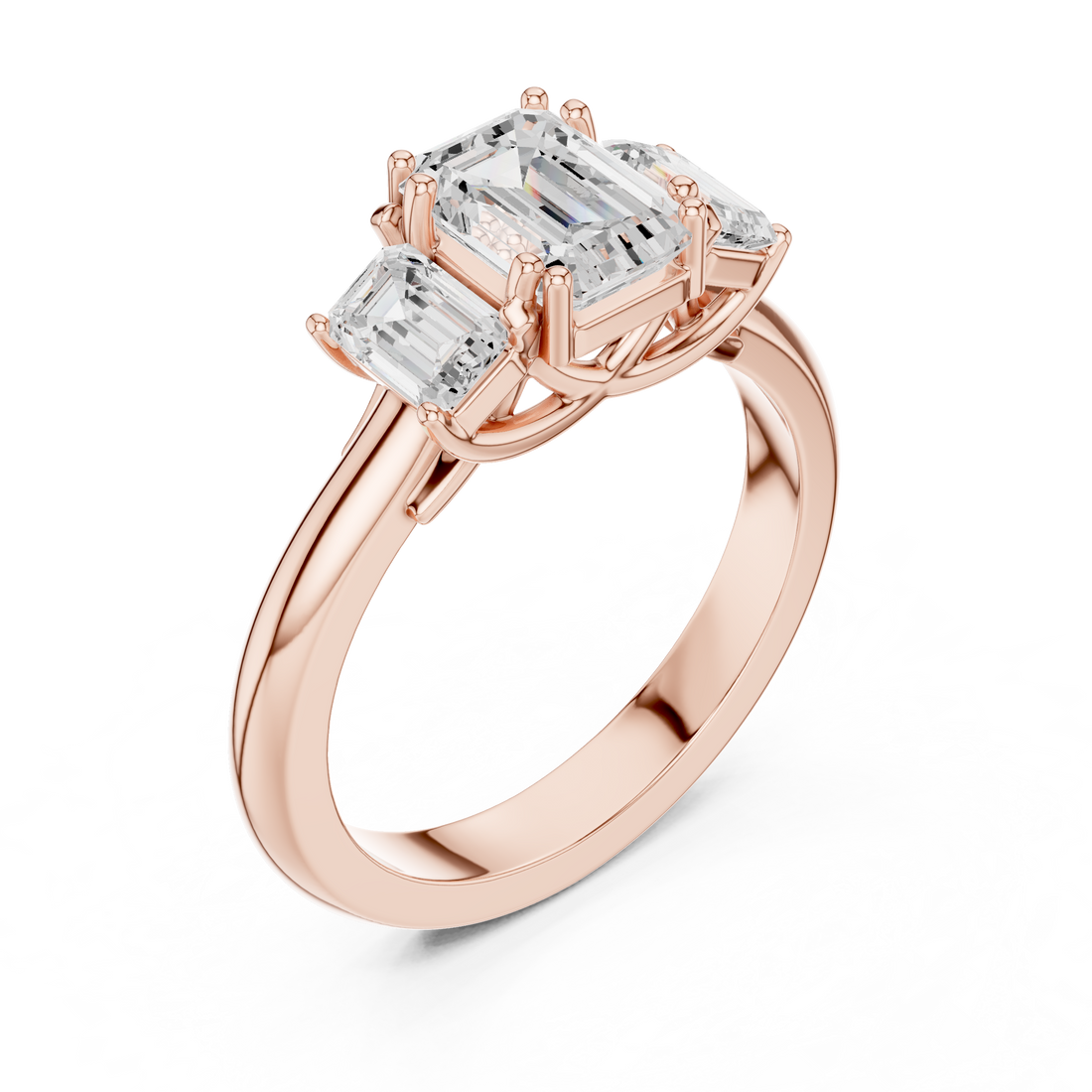 Emerald Cut Three Stone Diamond Engagement Ring with Tapered Sides