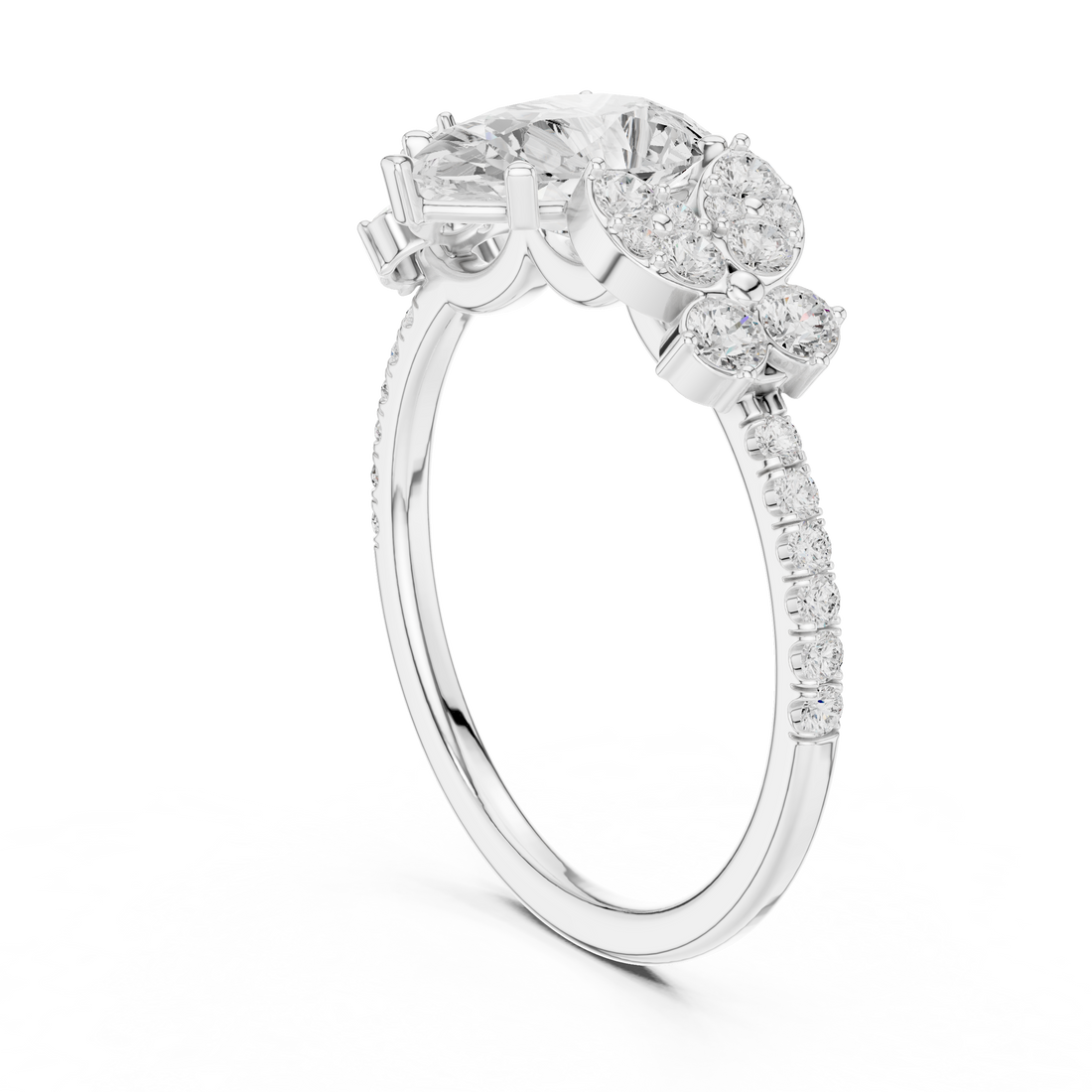 Modern three-stone diamond ring symbolizing past present and future with elegant design.