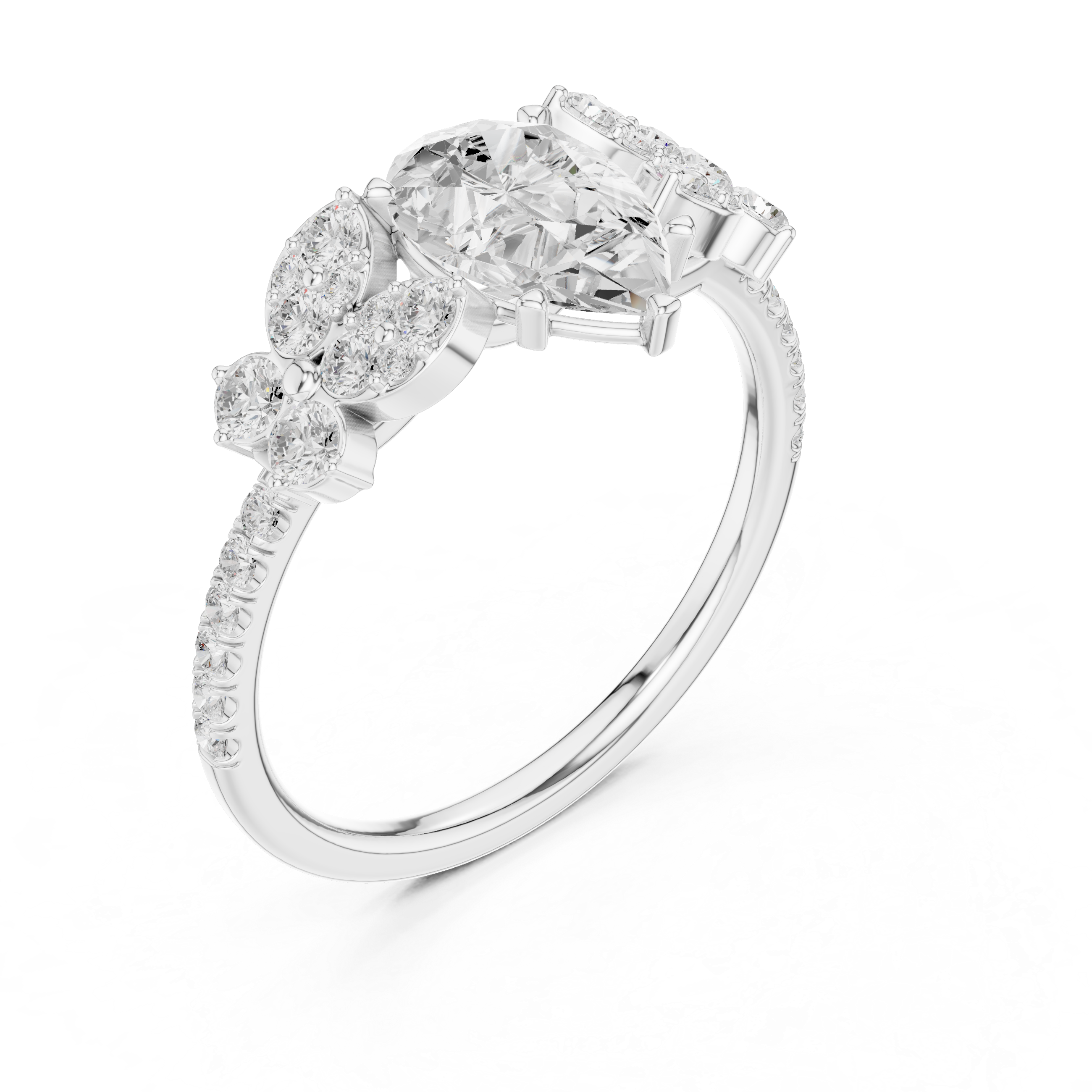 Luxury cluster diamond ring featuring multiple small stones forming dazzling centerpiece.