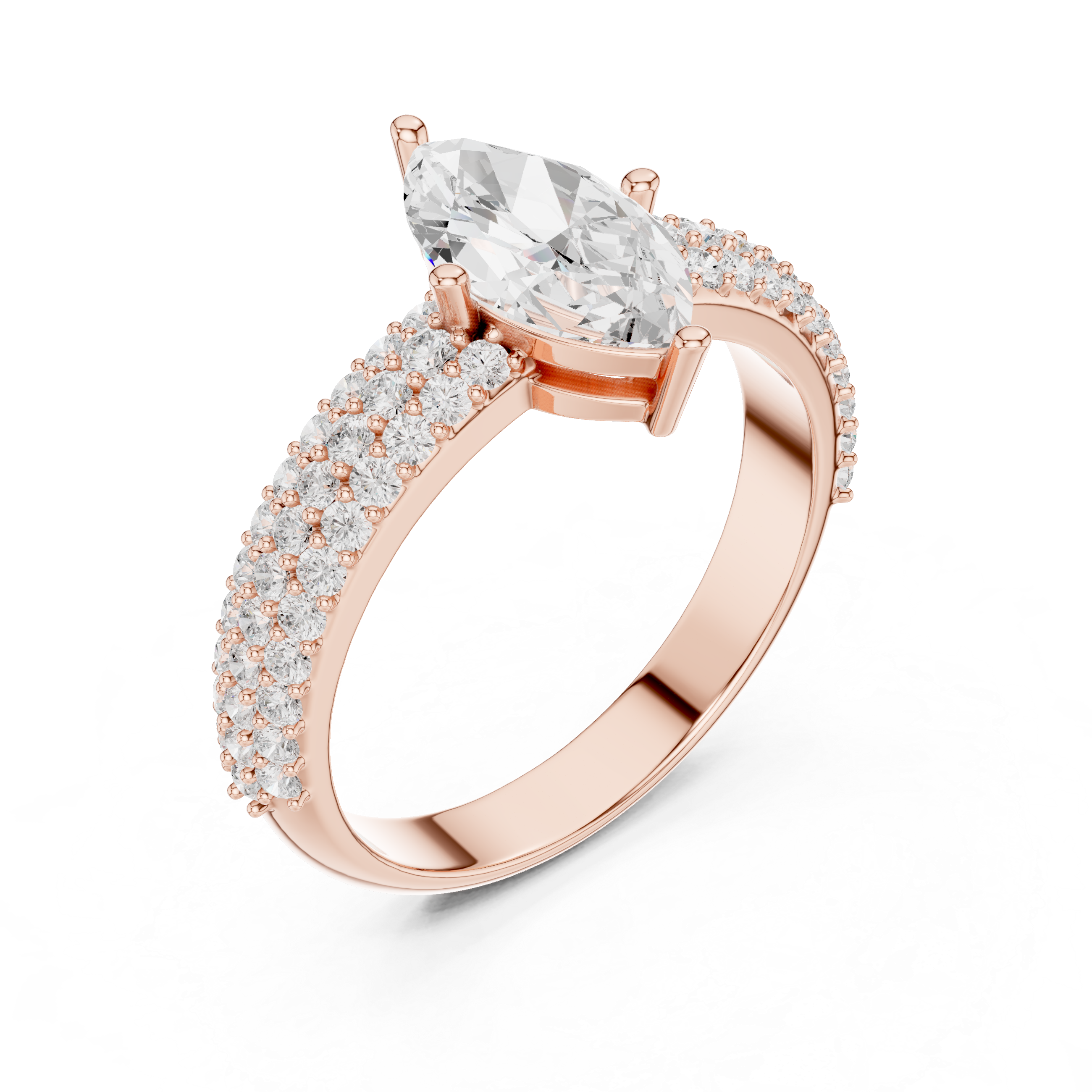 Stylish marquise diamond ring with elongated shape and delicate prong setting.