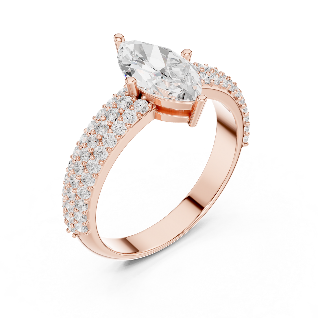 Stylish marquise diamond ring with elongated shape and delicate prong setting.