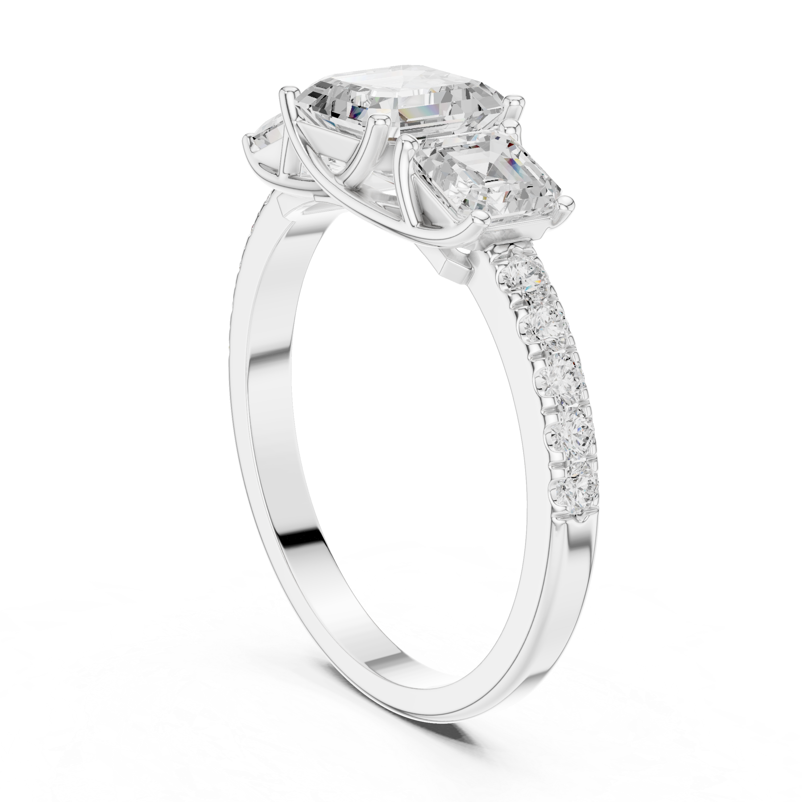 Modern three-stone diamond ring symbolizing past present and future with elegant design.