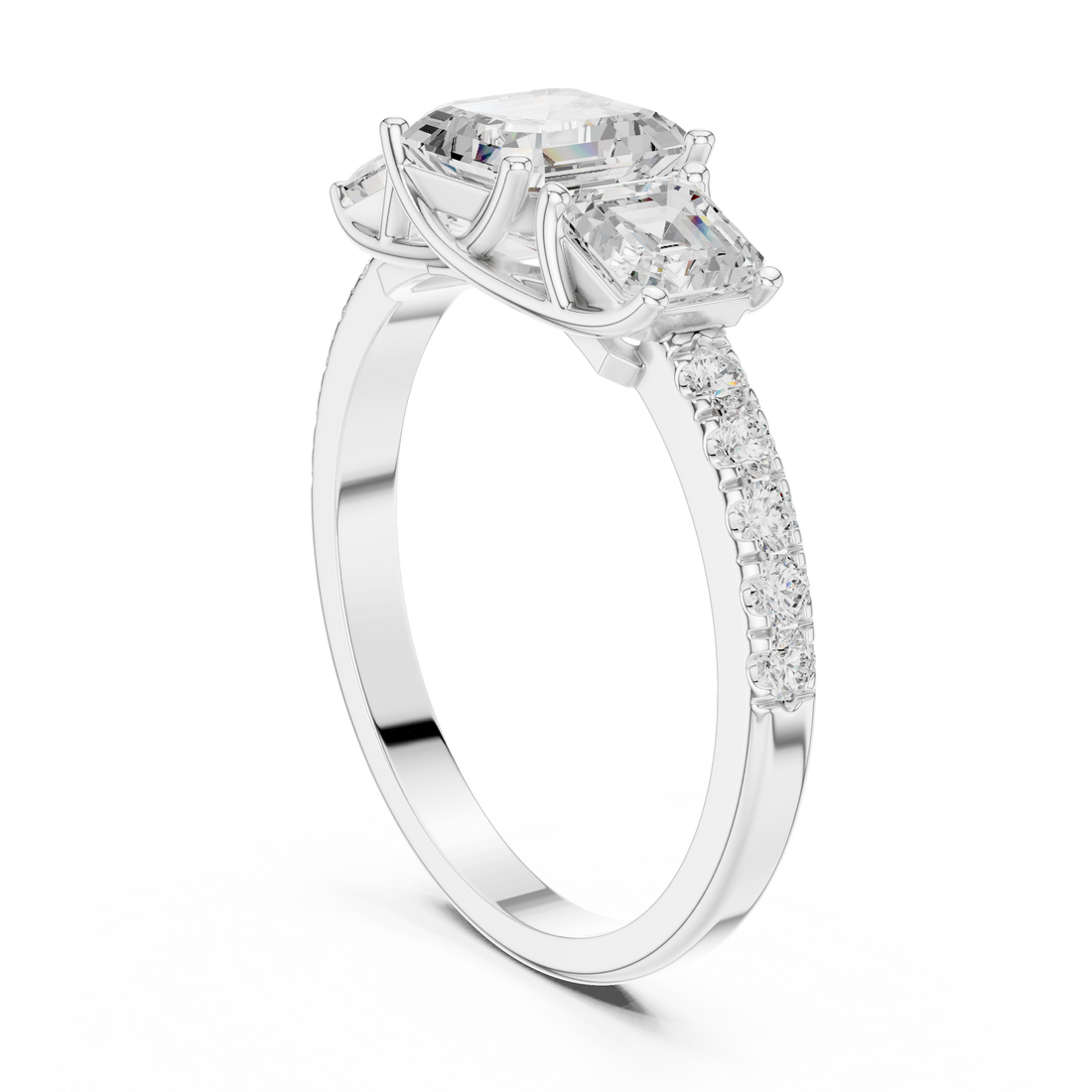 Modern three-stone diamond ring symbolizing past present and future with elegant design.