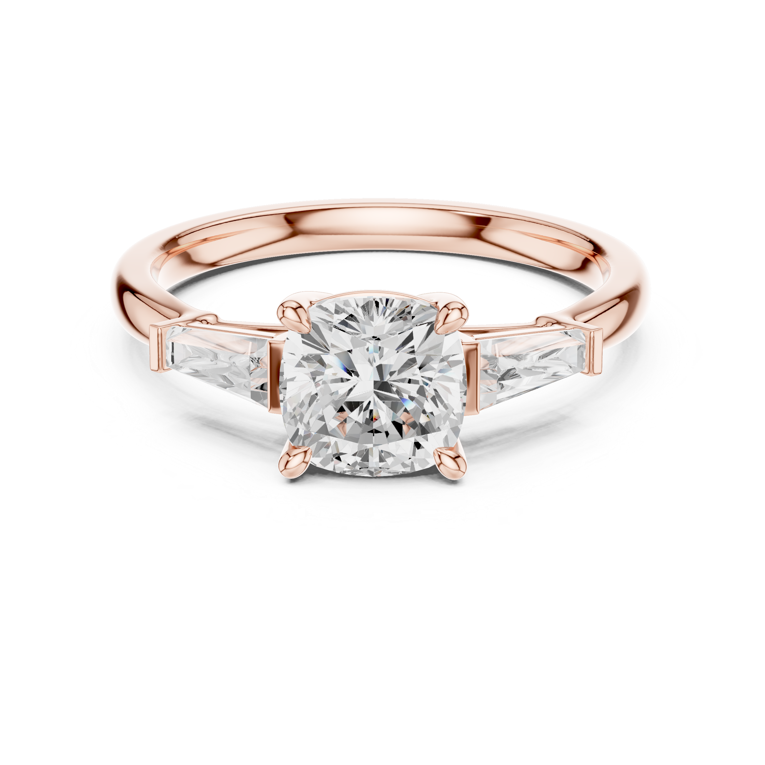 Cushion Cut Diamond Three Stone Ring with Baguette Side Diamonds