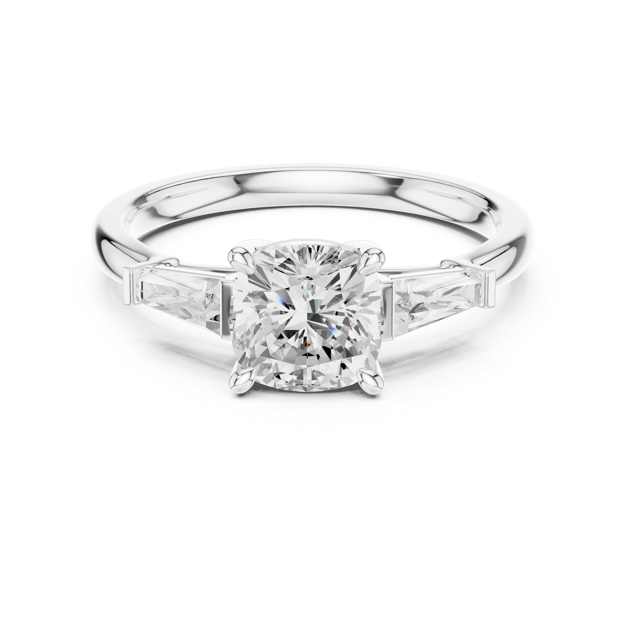 Cushion Cut Diamond Three Stone Ring with Baguette Side Diamonds