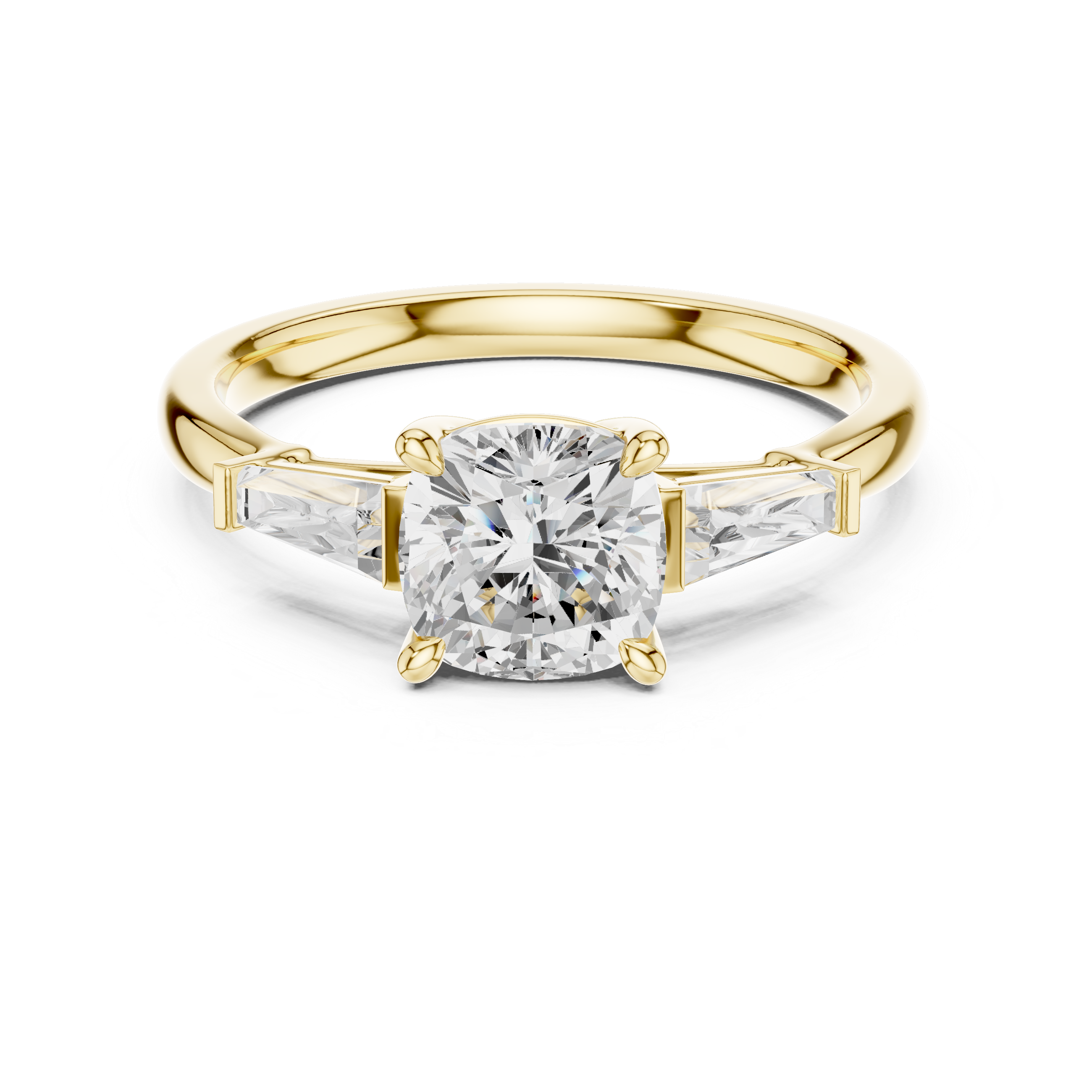 Cushion Cut Diamond Three Stone Ring with Baguette Side Diamonds