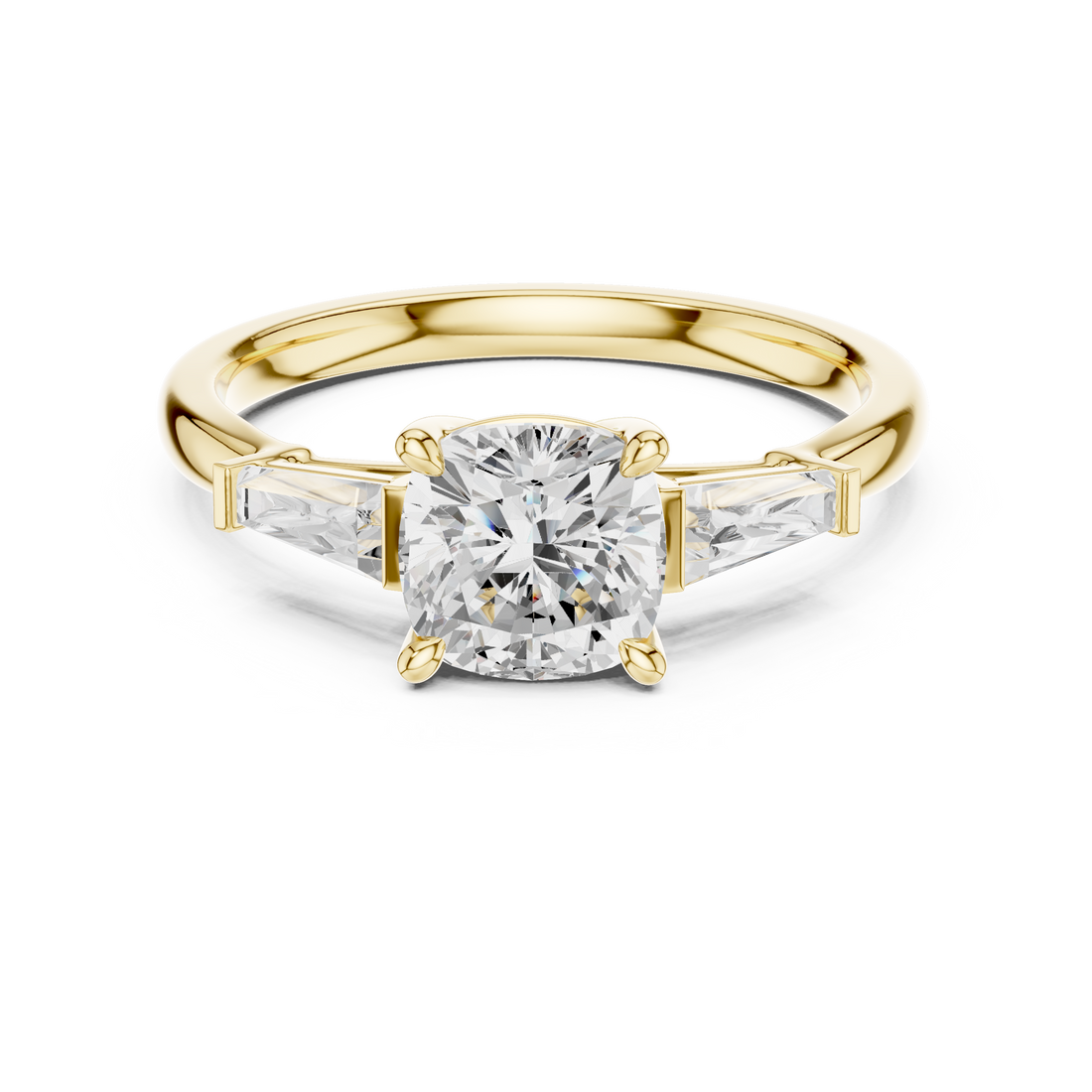 Cushion Cut Diamond Three Stone Ring with Baguette Side Diamonds