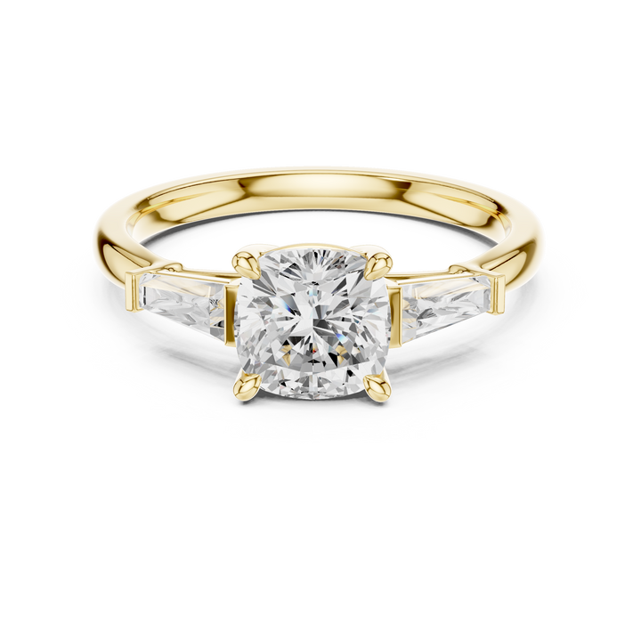 Cushion Cut Diamond Three Stone Ring with Baguette Side Diamonds