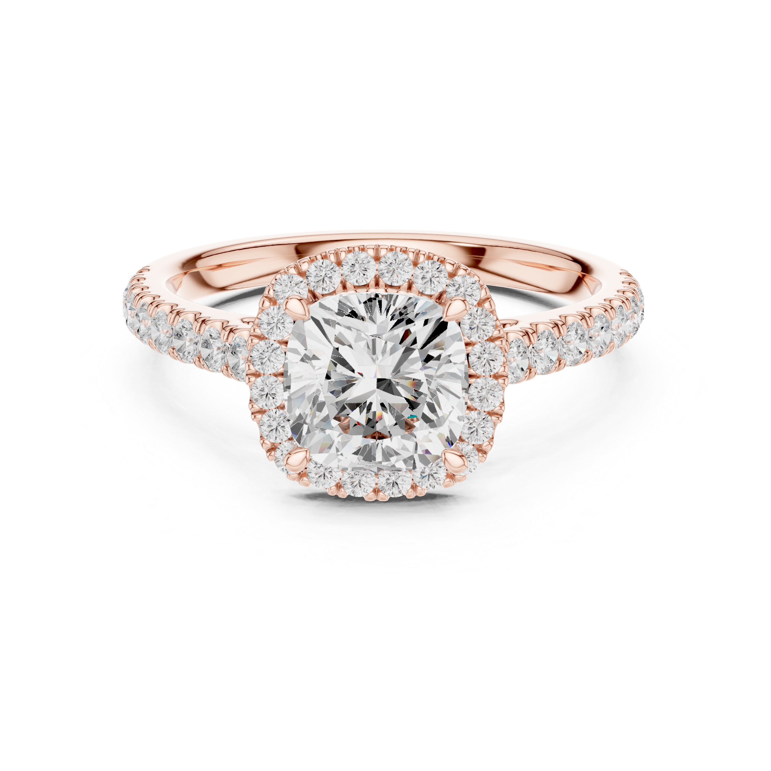 Sparkling Cushion Cut Diamond Halo Engagement Ring with Pavé Band close-up accent detail