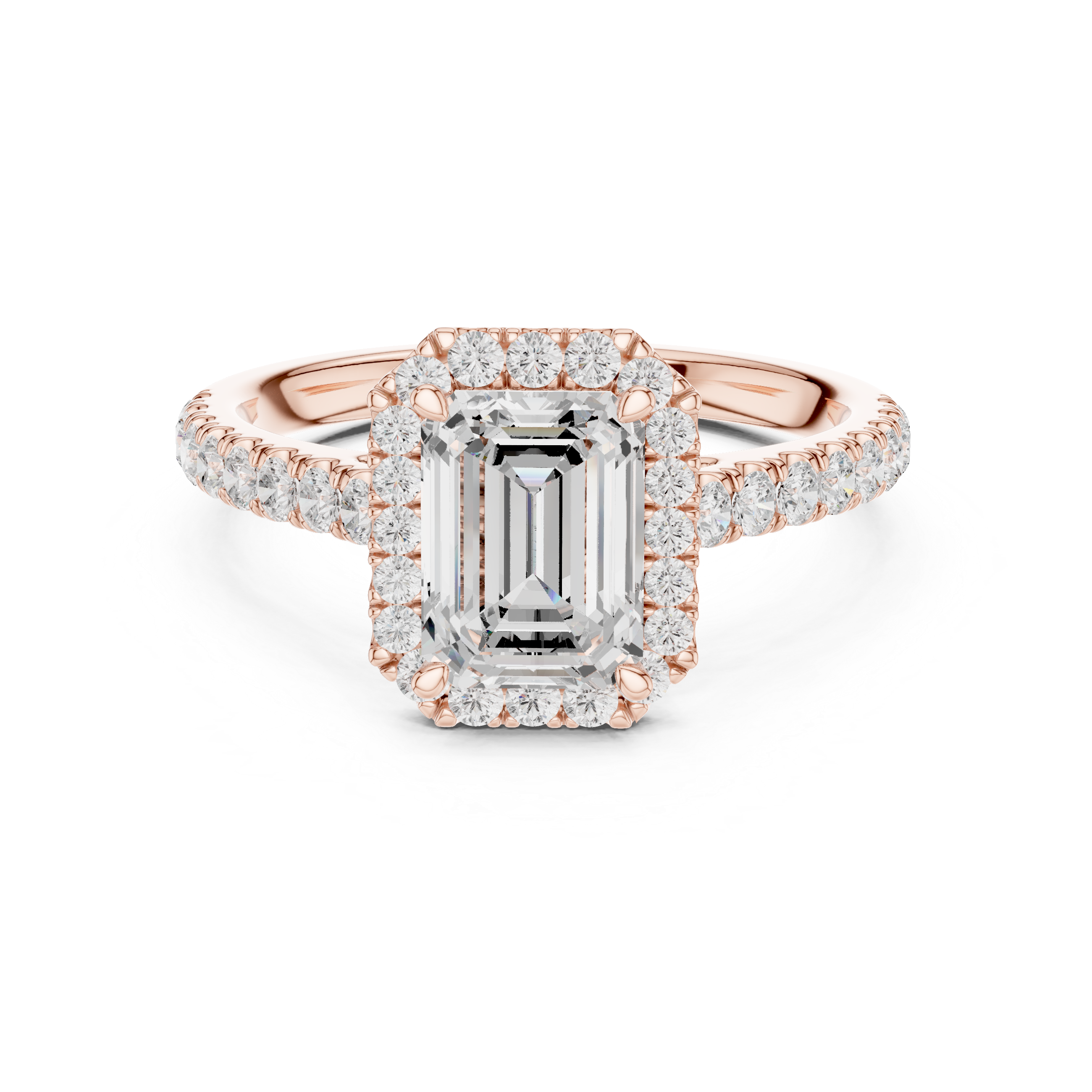 Timeless Emerald Cut Diamond Halo Engagement Ring with Pavé Band accent stones classic look