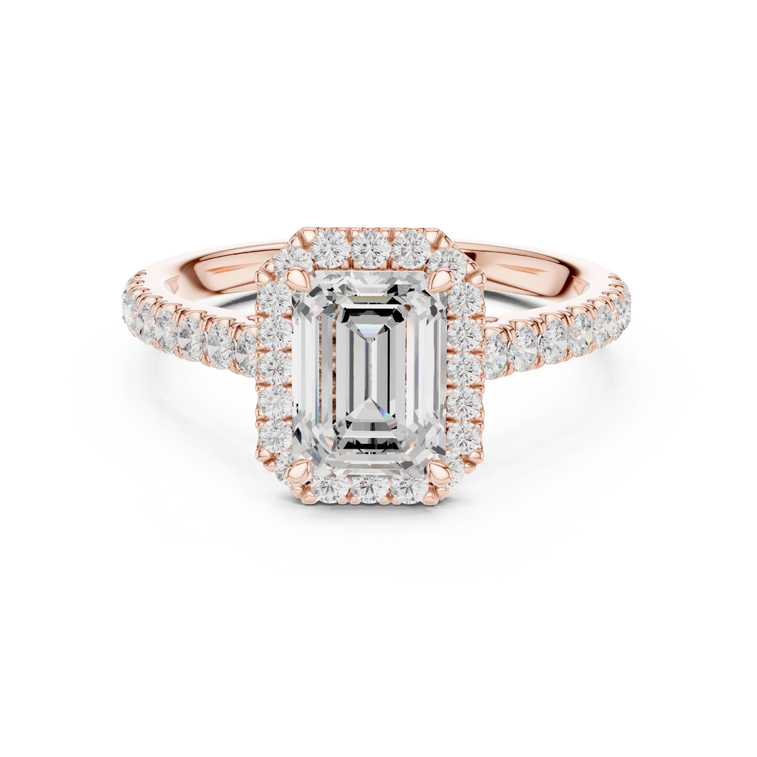 Timeless Emerald Cut Diamond Halo Engagement Ring with Pavé Band accent stones classic look