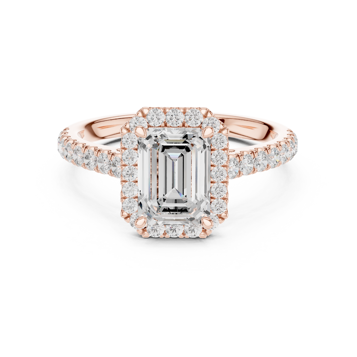 Timeless Emerald Cut Diamond Halo Engagement Ring with Pavé Band accent stones classic look