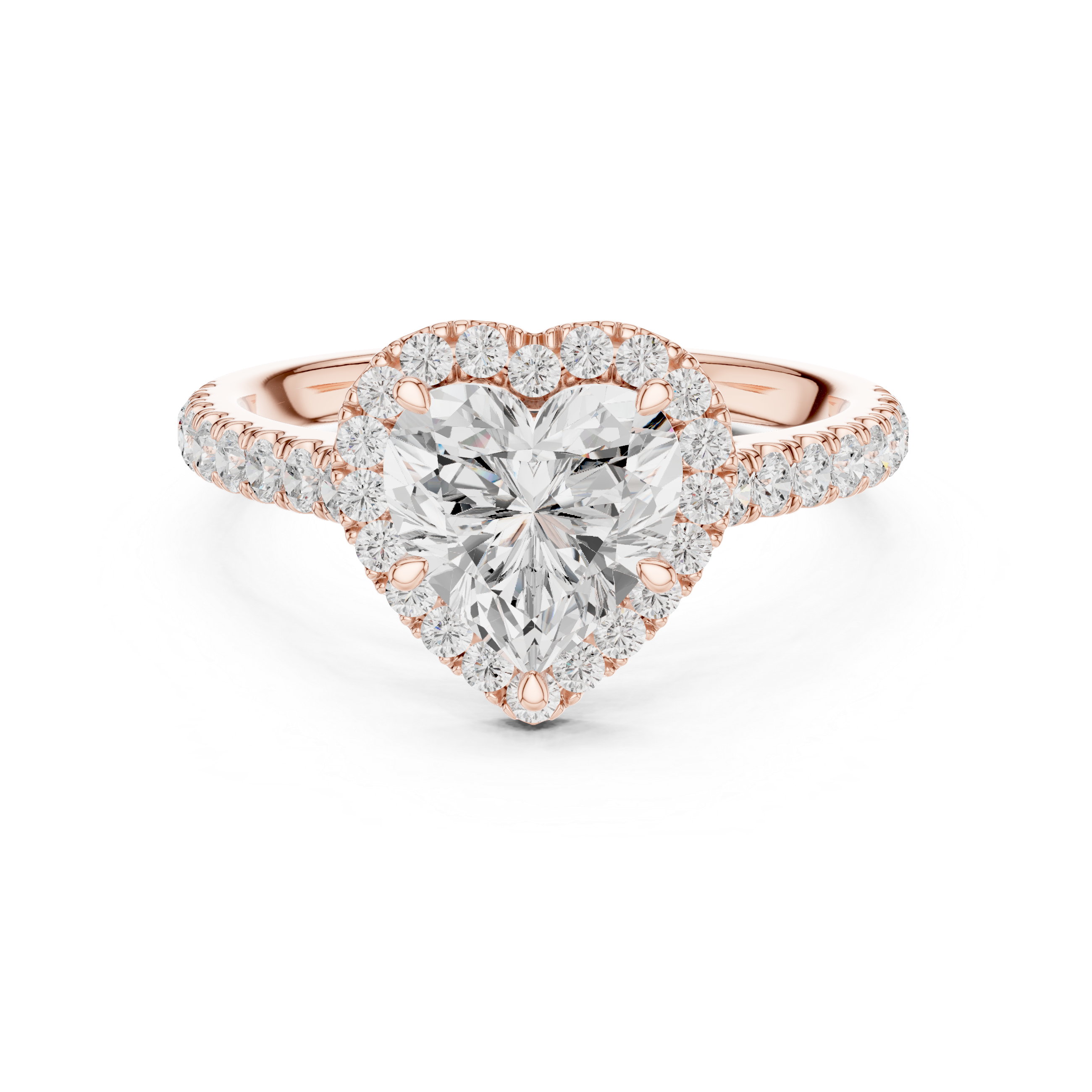 Sparkling Heart Cut Diamond Halo Engagement Ring with Pavé Band close-up accent detail
