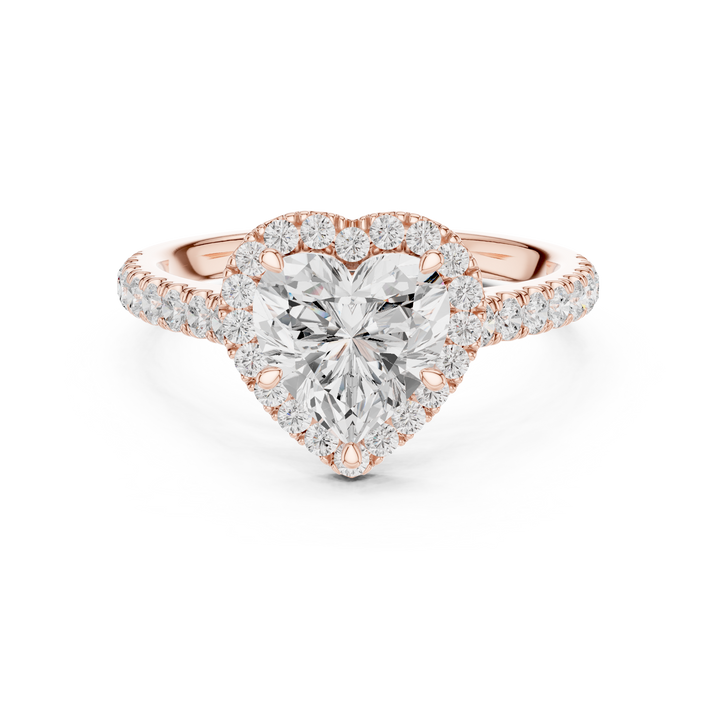 Sparkling Heart Cut Diamond Halo Engagement Ring with Pavé Band close-up accent detail