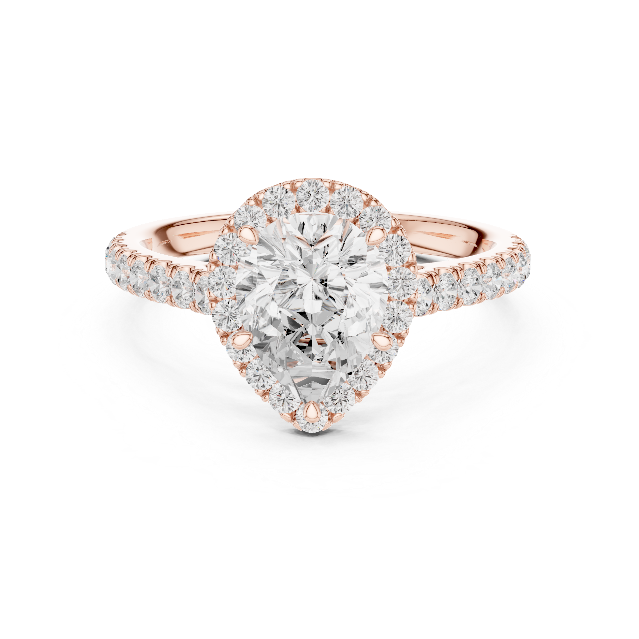Sparkling Pear Cut Halo Diamond Engagement Ring with Pavé Band close-up accent detail