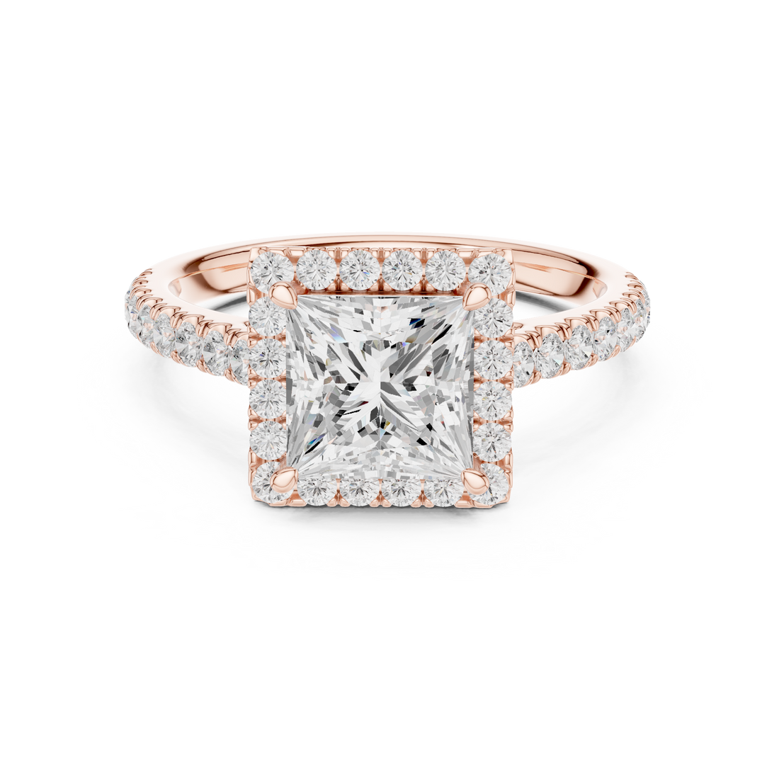 Timeless Princess Cut Diamond Halo Engagement Ring with Pavé Band accent stones classic look