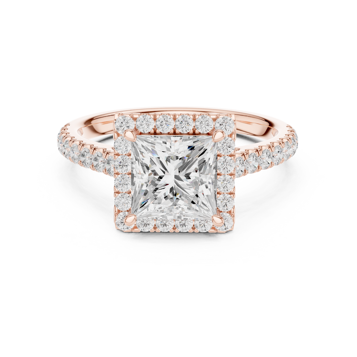 Timeless Princess Cut Diamond Halo Engagement Ring with Pavé Band accent stones classic look