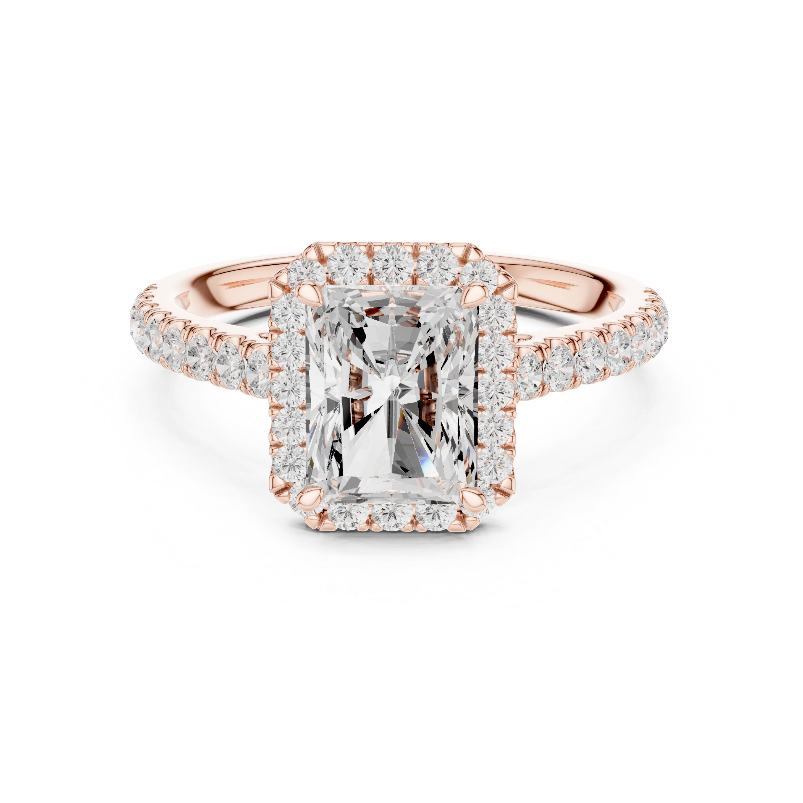 Sparkling Radiant Cut Diamond Halo Engagement Ring with Pavé Band close-up accent detail