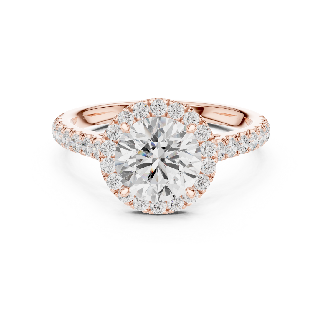 Timeless Round Cut Diamond Halo Engagement Ring with Pavé Band accent stones classic look