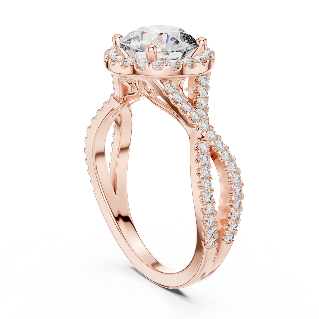 Round Brilliant Diamond Halo Solitaire with Twisted Pavé Band