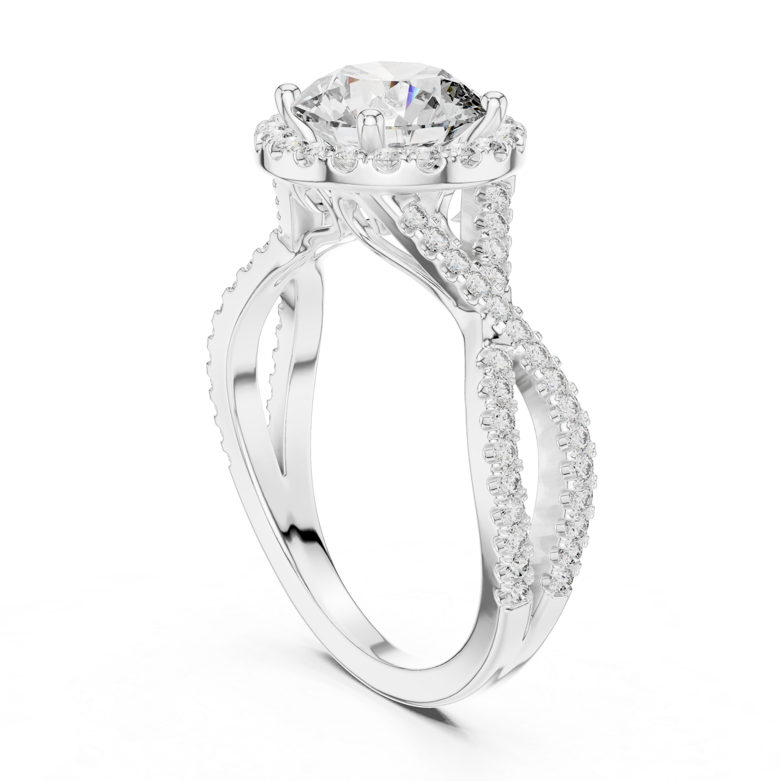 Round Brilliant Diamond Halo Solitaire with Twisted Pavé Band