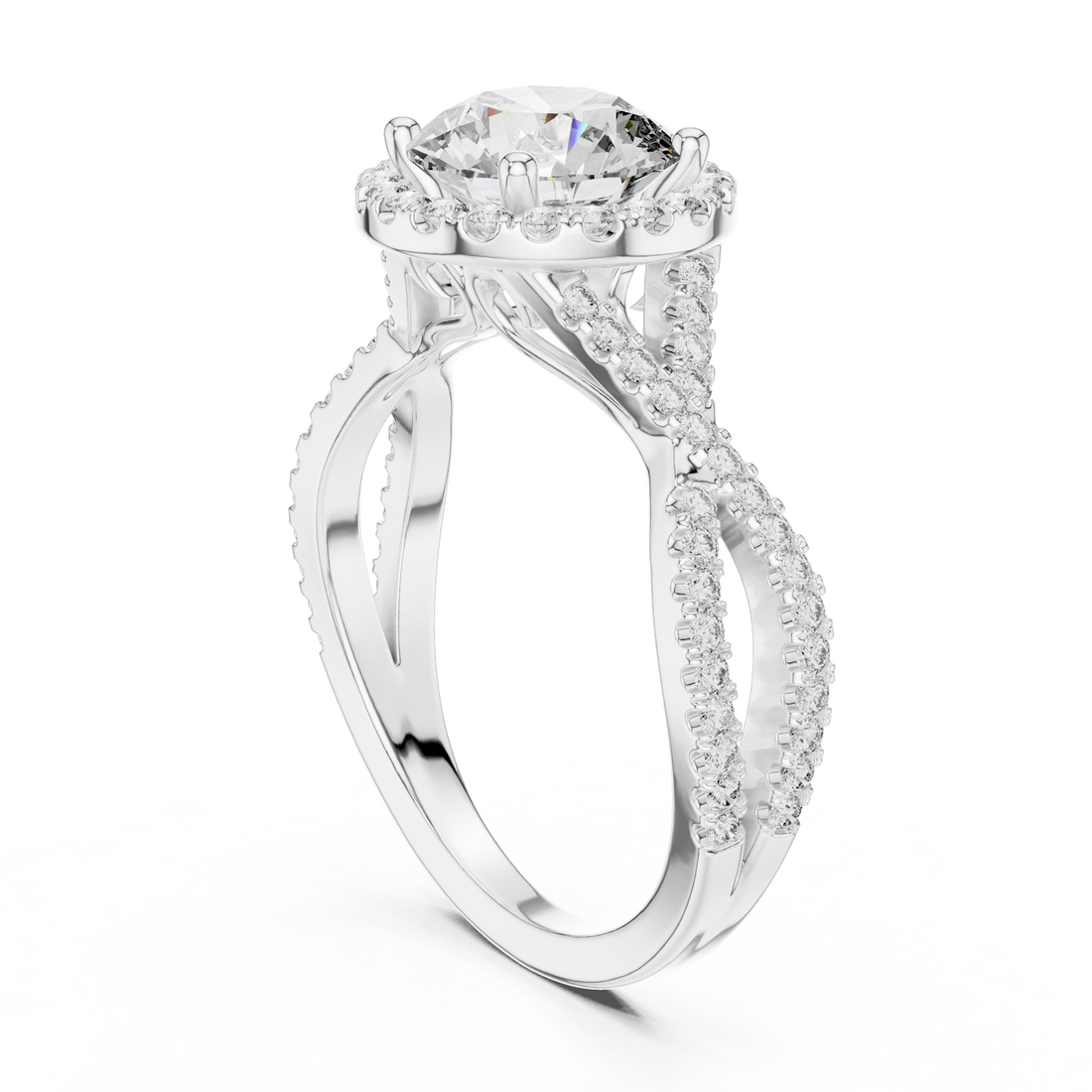 Round Brilliant Diamond Halo Solitaire with Twisted Pavé Band