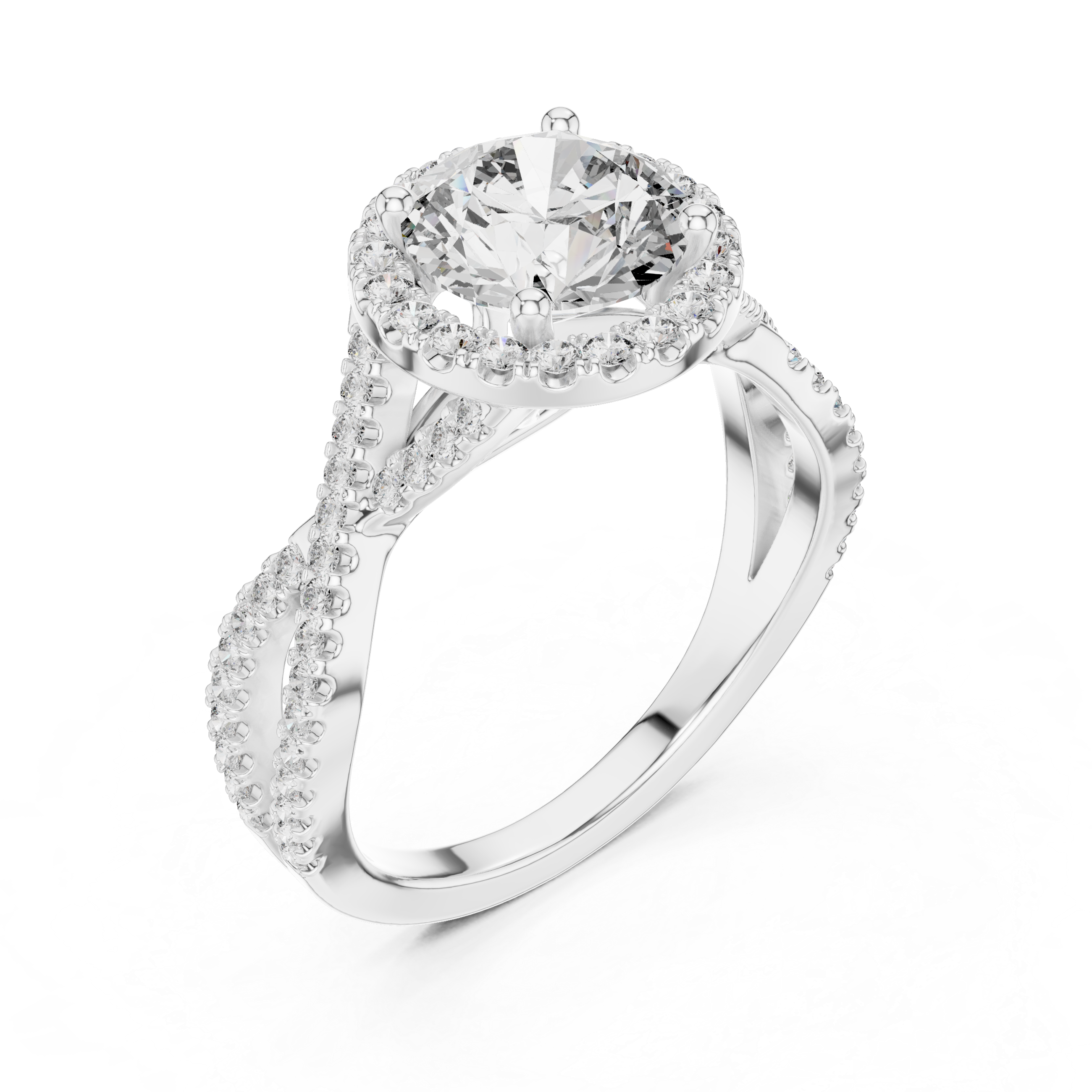 Round Brilliant Diamond Halo Solitaire with Twisted Pavé Band