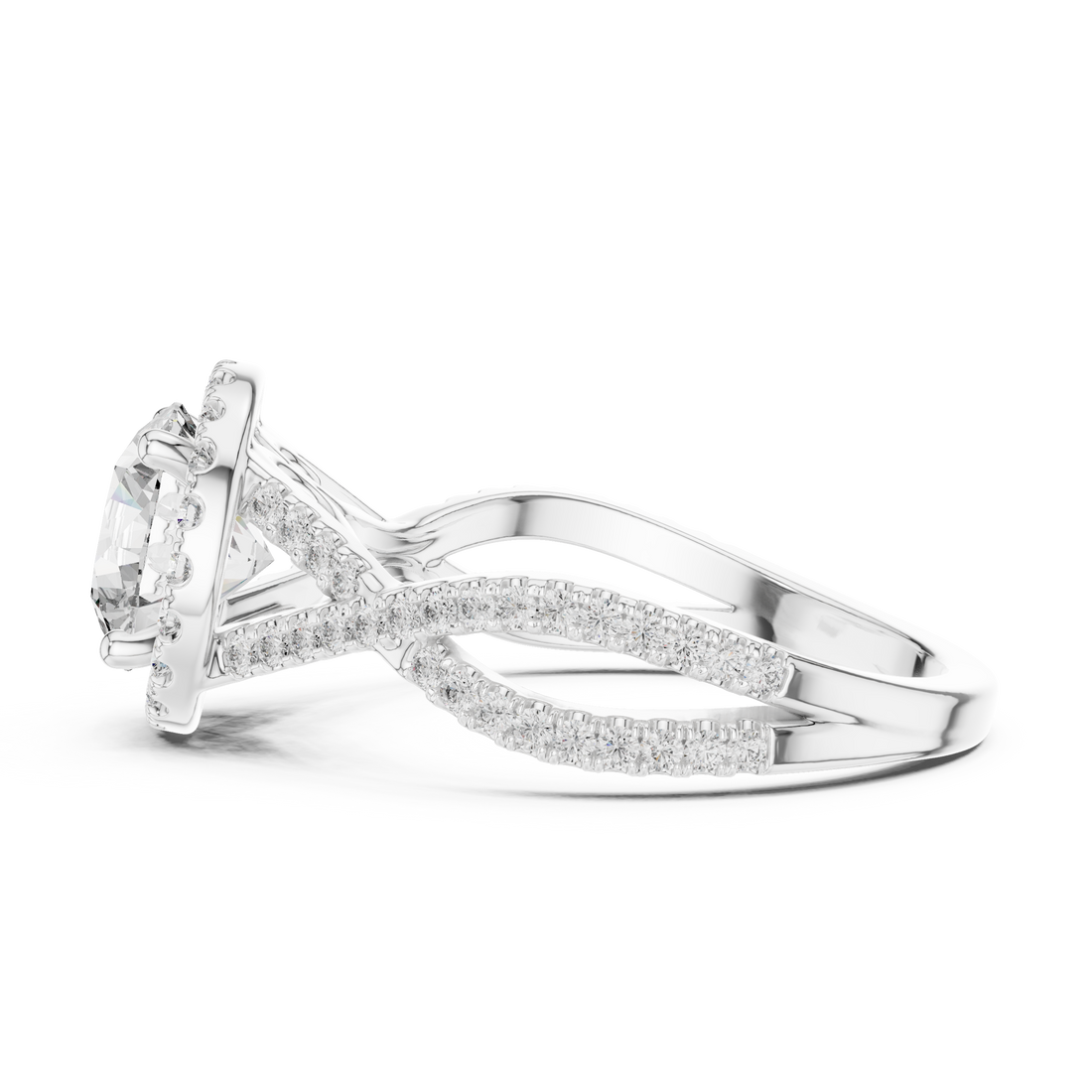 Round Brilliant Diamond Halo Solitaire with Twisted Pavé Band