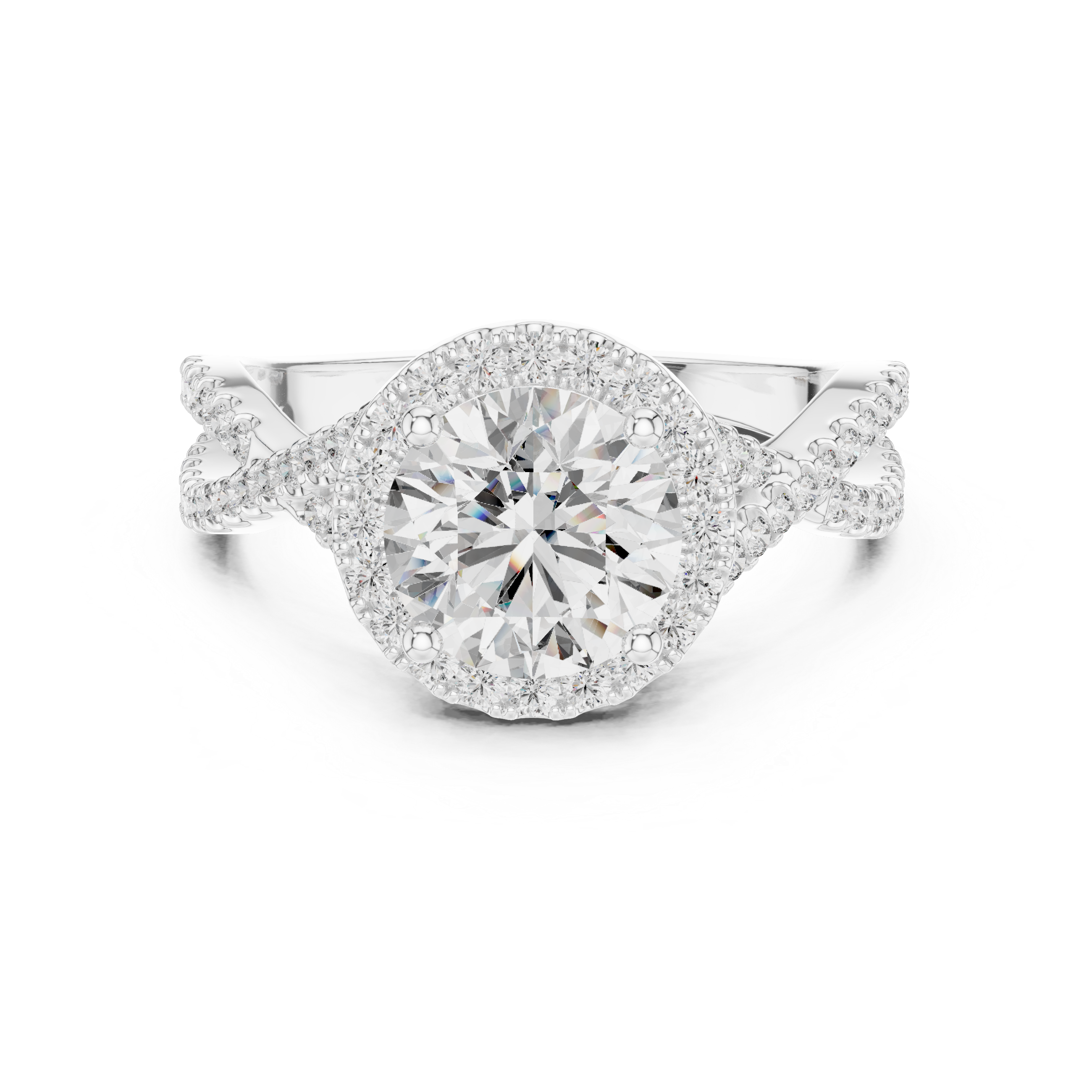 Round Brilliant Diamond Halo Solitaire with Twisted Pavé Band