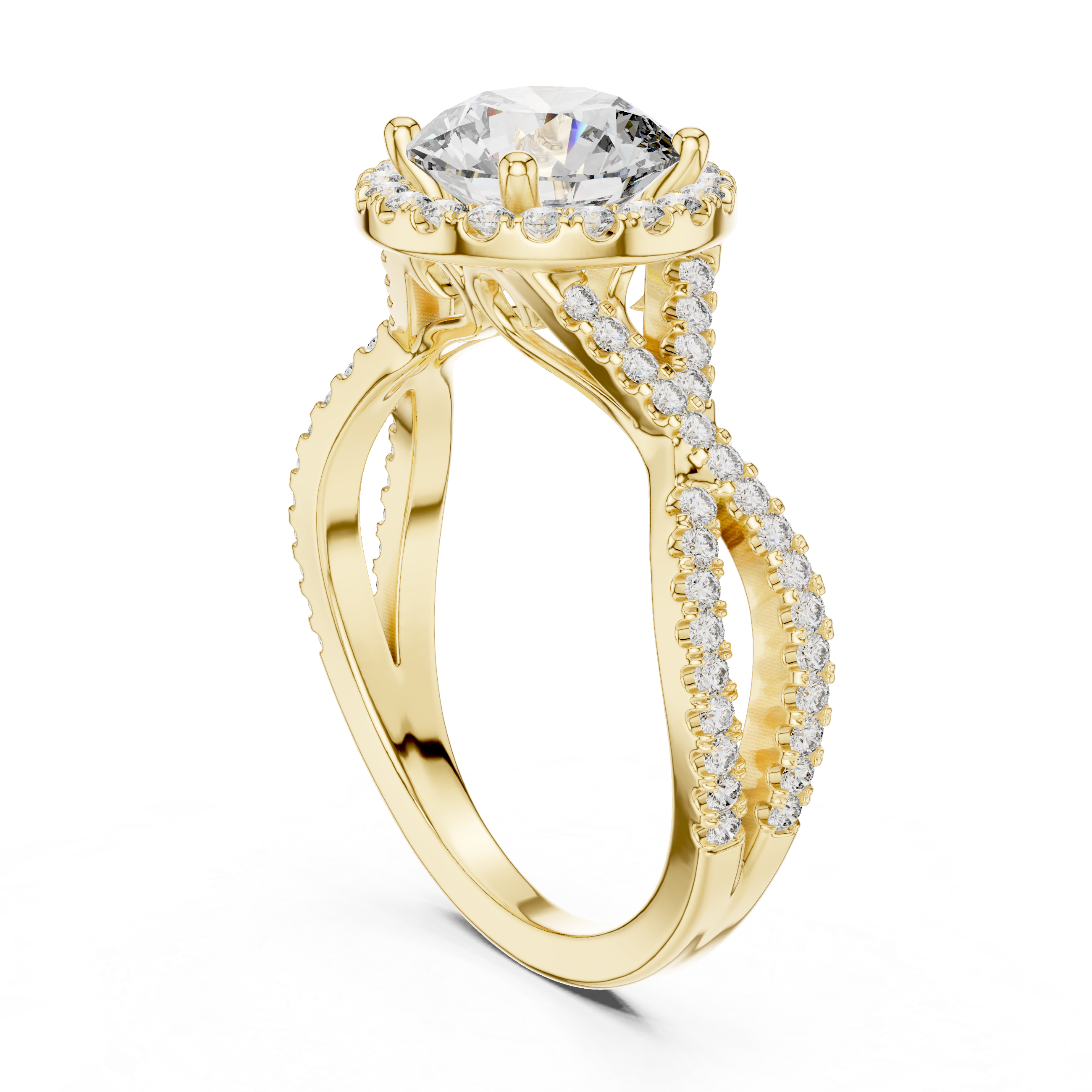 Round Brilliant Diamond Halo Solitaire with Twisted Pavé Band