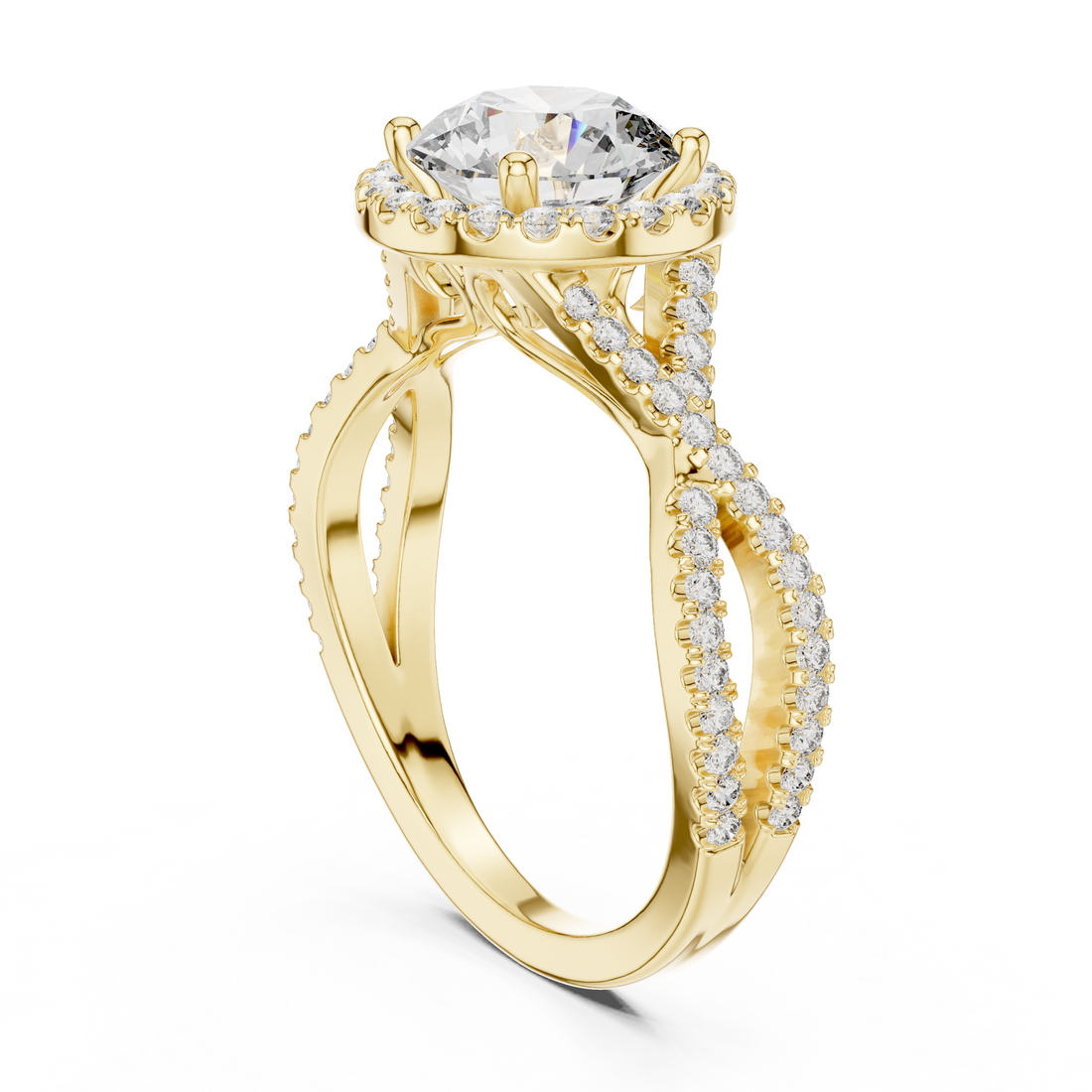 Round Brilliant Diamond Halo Solitaire with Twisted Pavé Band