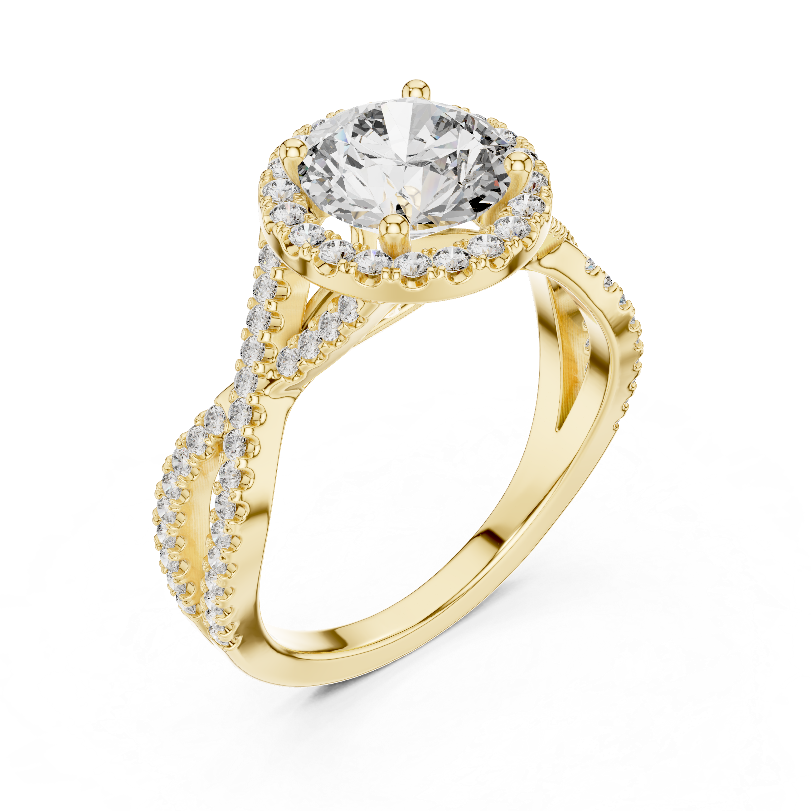 Round Brilliant Diamond Halo Solitaire with Twisted Pavé Band