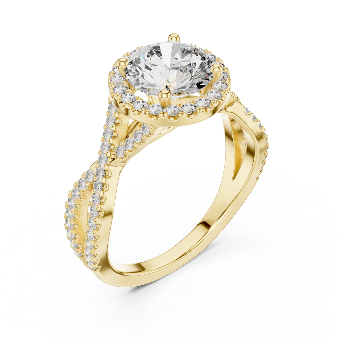 Round Brilliant Diamond Halo Solitaire with Twisted Pavé Band