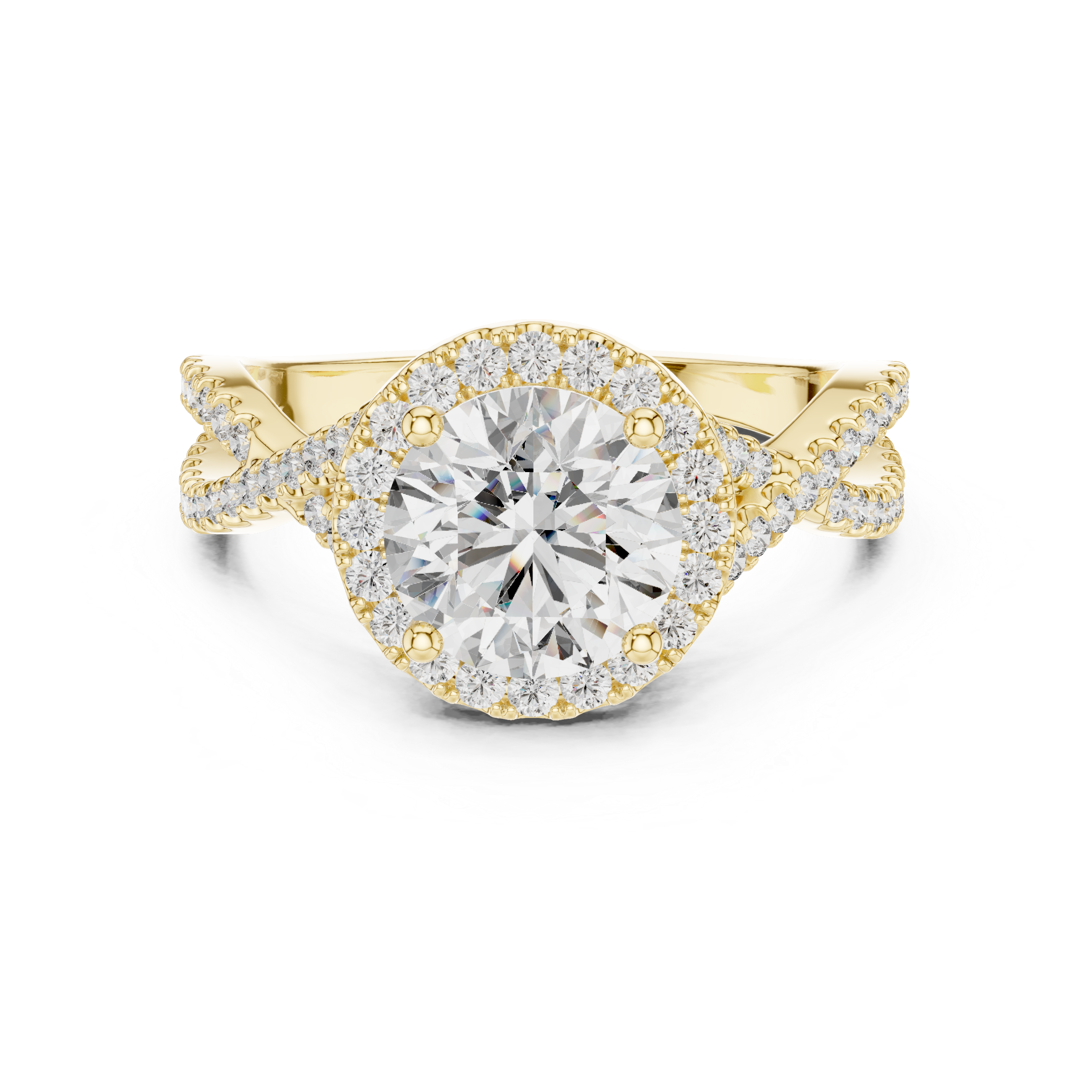 Round Brilliant Diamond Halo Solitaire with Twisted Pavé Band