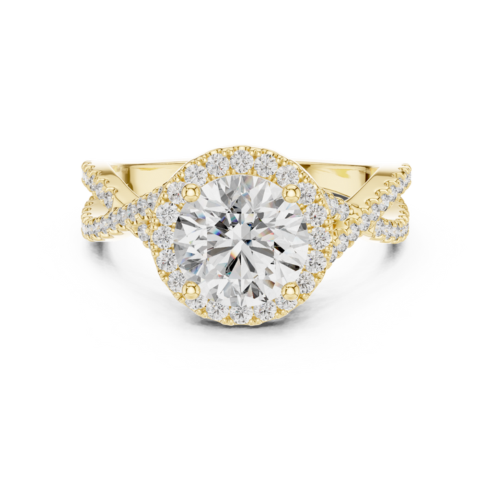 Round Brilliant Diamond Halo Solitaire with Twisted Pavé Band