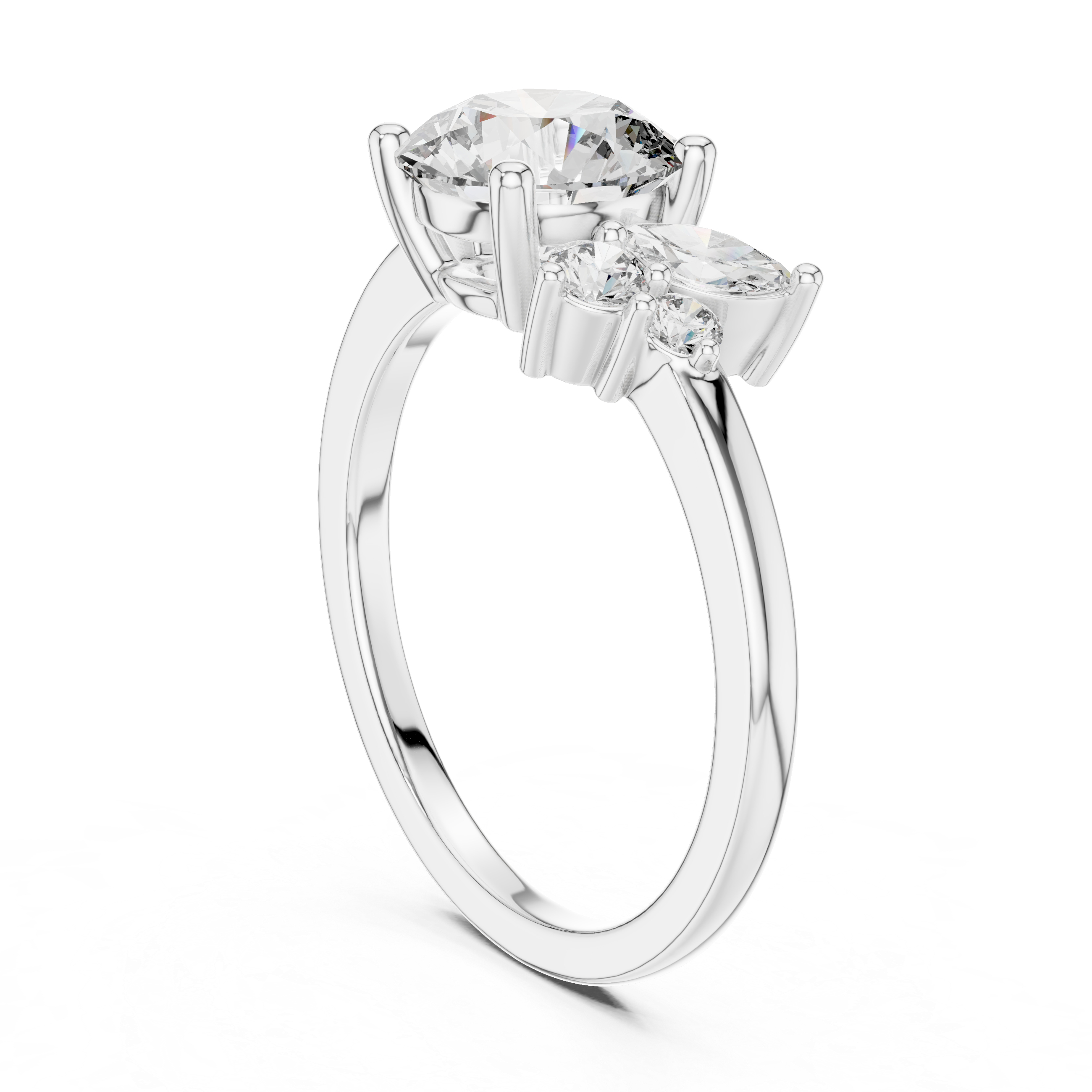 Round Brilliant Diamond Solitaire with Marquise Side Stone Cluster Engagement Ring