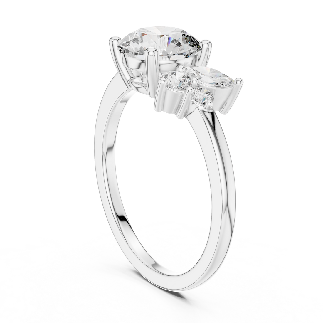 Round Brilliant Diamond Solitaire with Marquise Side Stone Cluster Engagement Ring