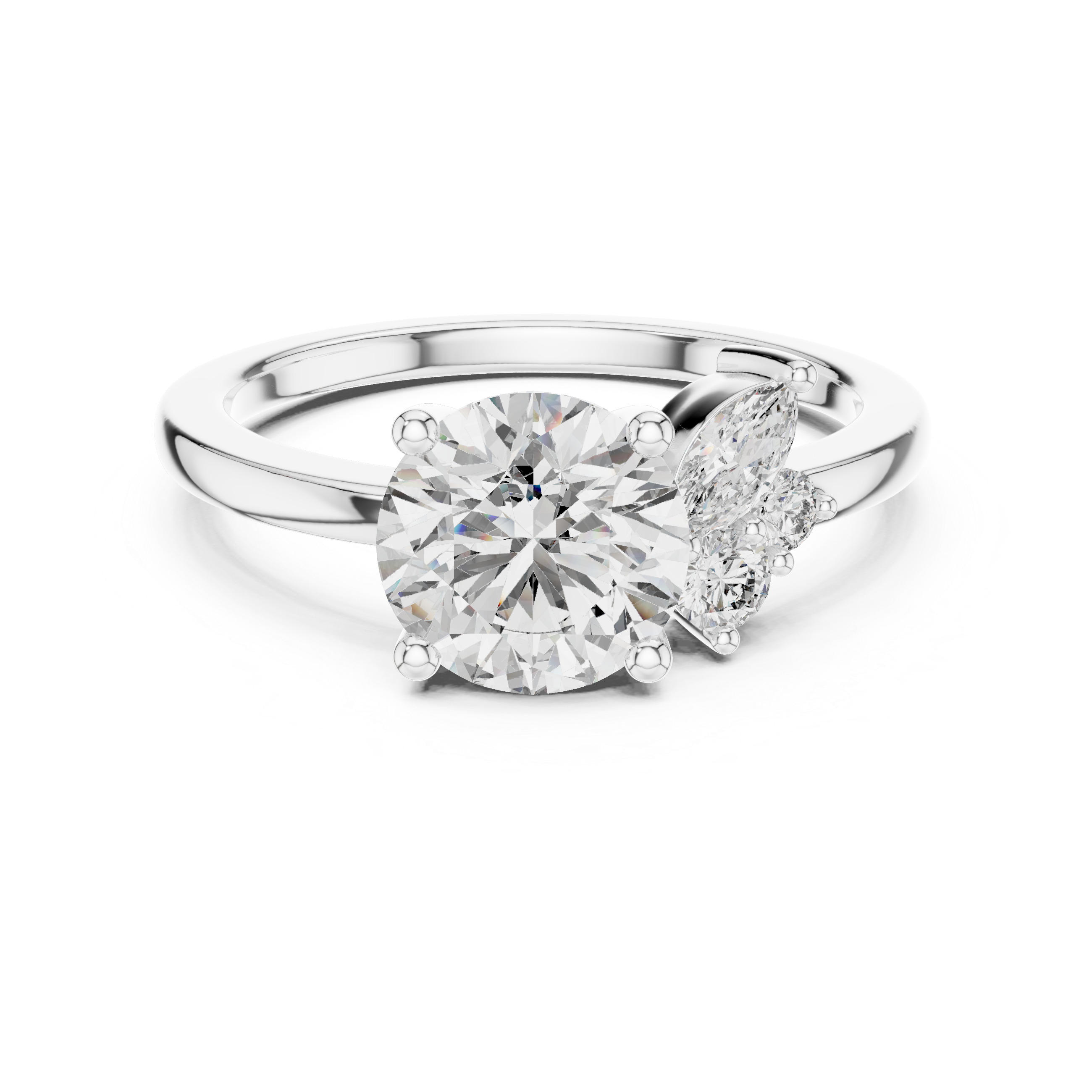 Round Brilliant Diamond Solitaire with Marquise Side Stone Cluster Engagement Ring